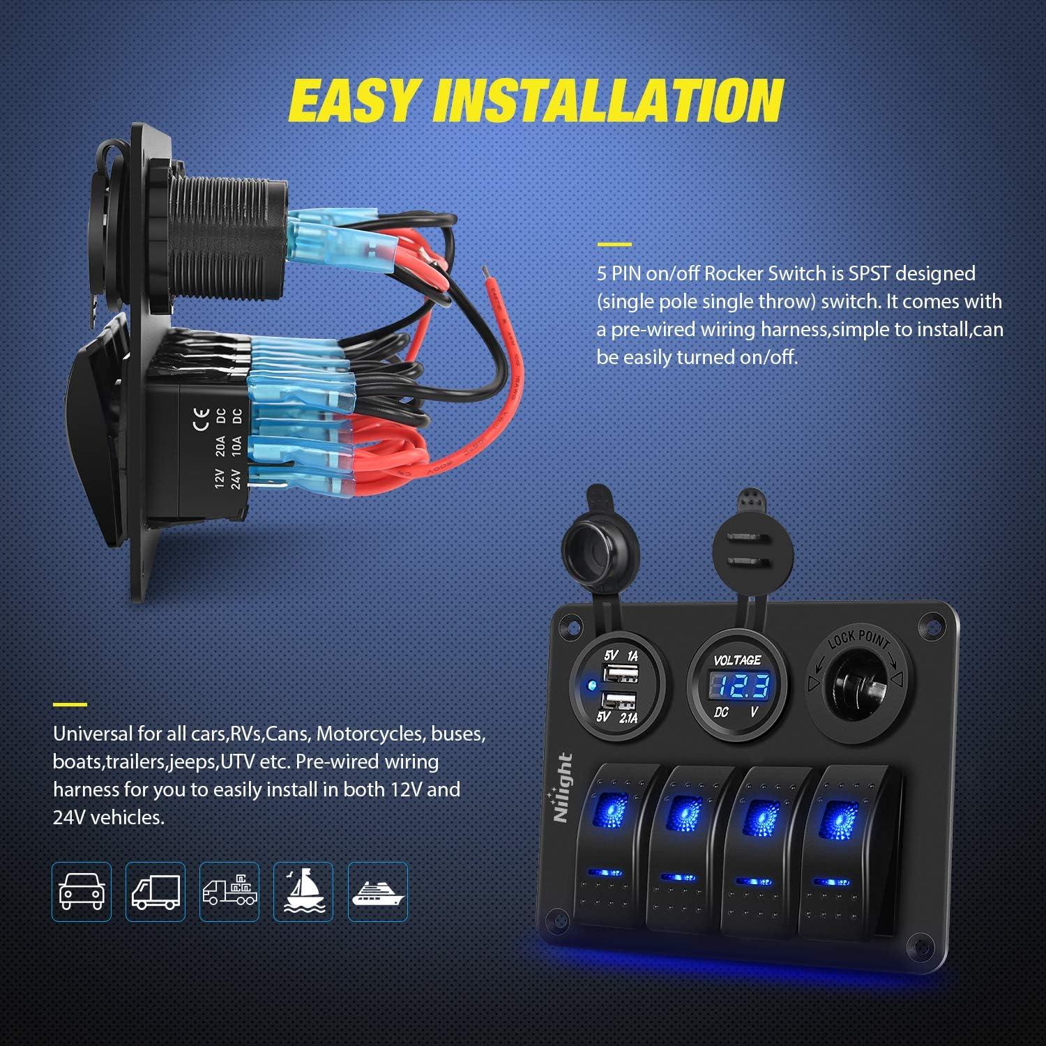 imageNilight  90117G 4 Gang Rocker Switch Panel Waterproof PreWired Aluminum Switch Panel with Dual USB Cigarette Lighter Socket Voltmeter12V24V DC ON Off Switch Panel for Cars Rvs Trucks BlueBlue