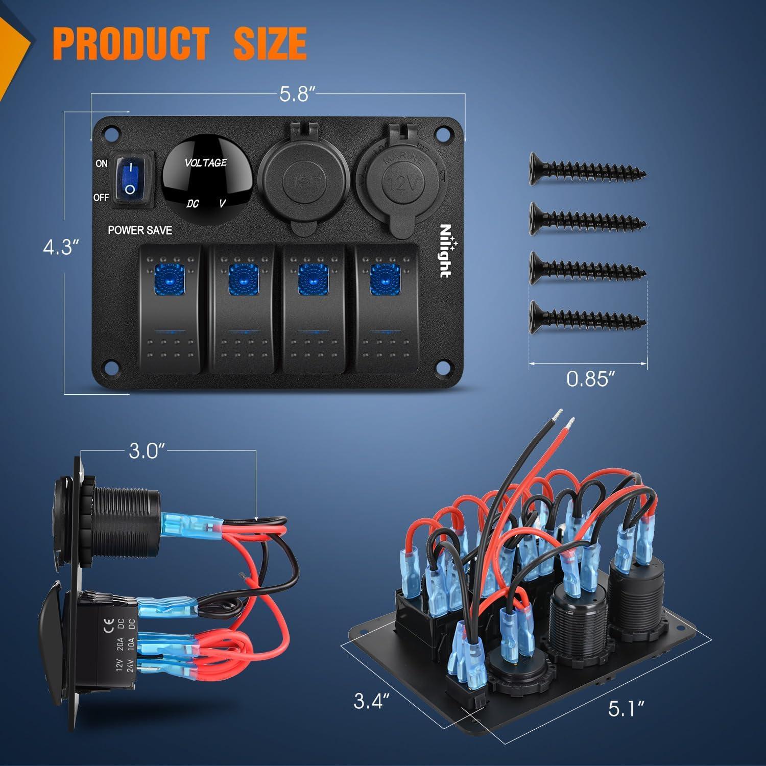 imageNilight  90117G 4 Gang Rocker Switch Panel Waterproof PreWired Aluminum Switch Panel with Dual USB Cigarette Lighter Socket Voltmeter12V24V DC ON Off Switch Panel for Cars Rvs Trucks BluePower Control Blue