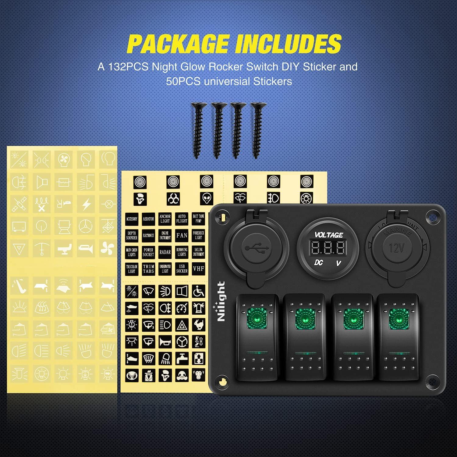 imageNilight  90117G 4 Gang Rocker Switch Panel Waterproof PreWired Aluminum Switch Panel with Dual USB Cigarette Lighter Socket Voltmeter12V24V DC ON Off Switch Panel for Cars Rvs Trucks BlueGreen