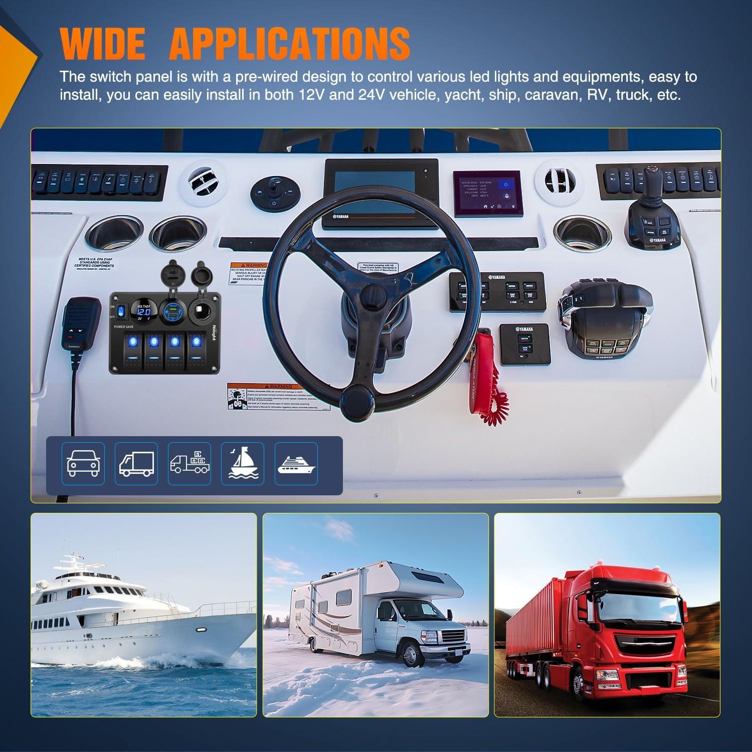 imageNilight  90117G 4 Gang Rocker Switch Panel Waterproof PreWired Aluminum Switch Panel with Dual USB Cigarette Lighter Socket Voltmeter12V24V DC ON Off Switch Panel for Cars Rvs Trucks BluePower Control Blue