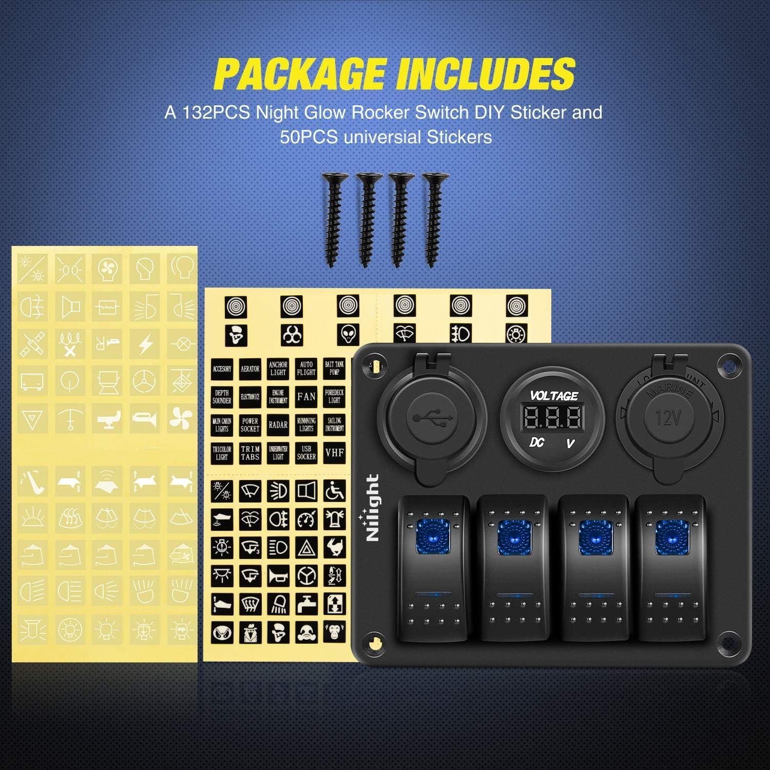 imageNilight  90117G 4 Gang Rocker Switch Panel Waterproof PreWired Aluminum Switch Panel with Dual USB Cigarette Lighter Socket Voltmeter12V24V DC ON Off Switch Panel for Cars Rvs Trucks BlueBlue