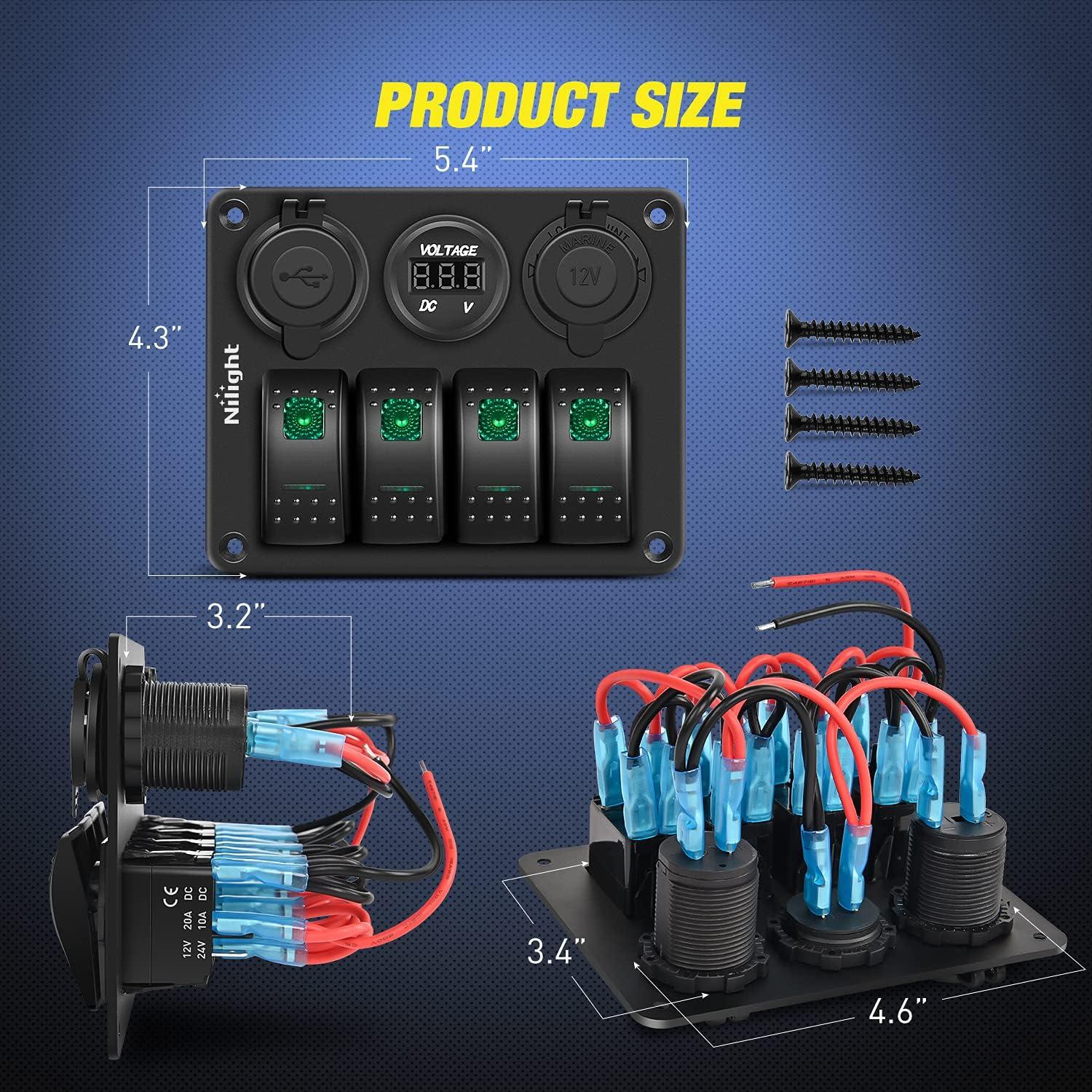 imageNilight  90117G 4 Gang Rocker Switch Panel Waterproof PreWired Aluminum Switch Panel with Dual USB Cigarette Lighter Socket Voltmeter12V24V DC ON Off Switch Panel for Cars Rvs Trucks BlueGreen