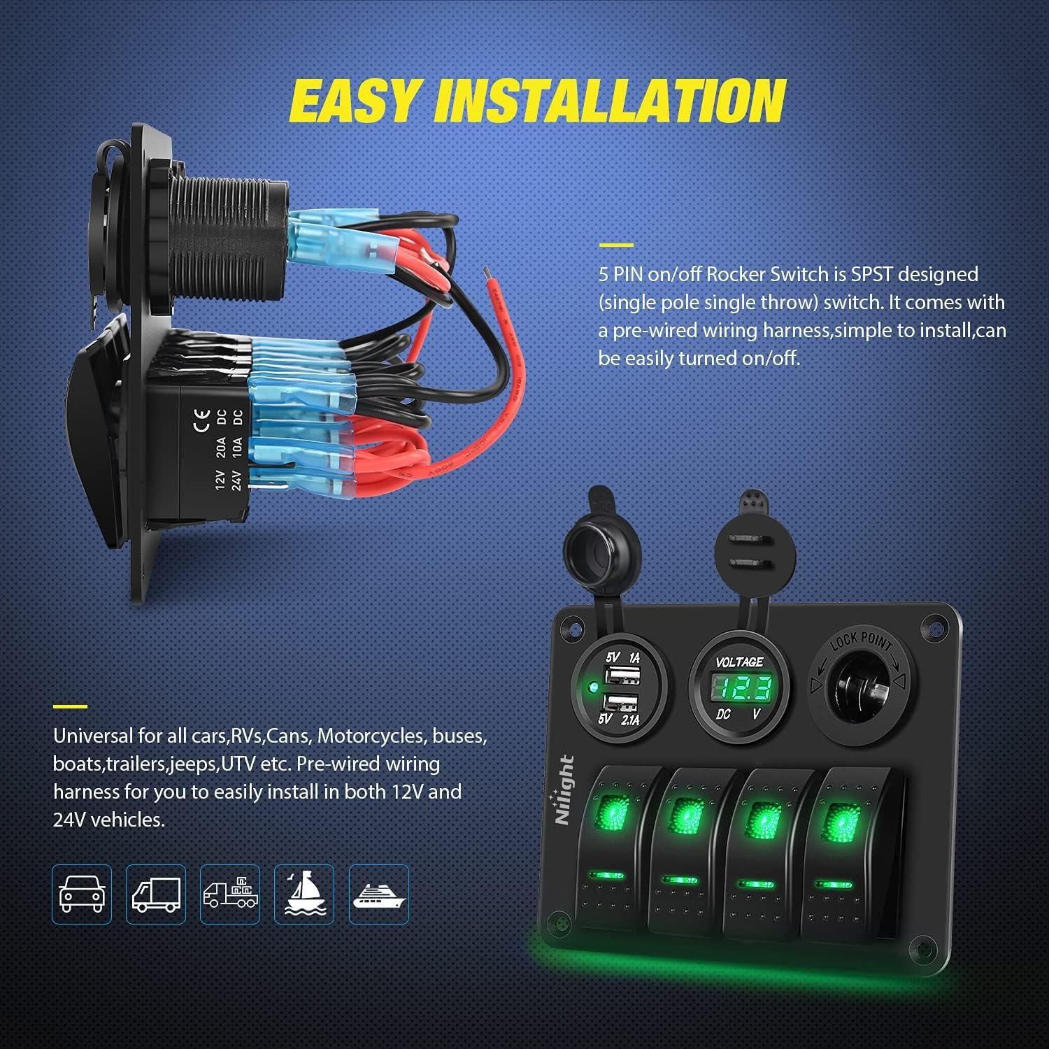 imageNilight  90117G 4 Gang Rocker Switch Panel Waterproof PreWired Aluminum Switch Panel with Dual USB Cigarette Lighter Socket Voltmeter12V24V DC ON Off Switch Panel for Cars Rvs Trucks BlueGreen