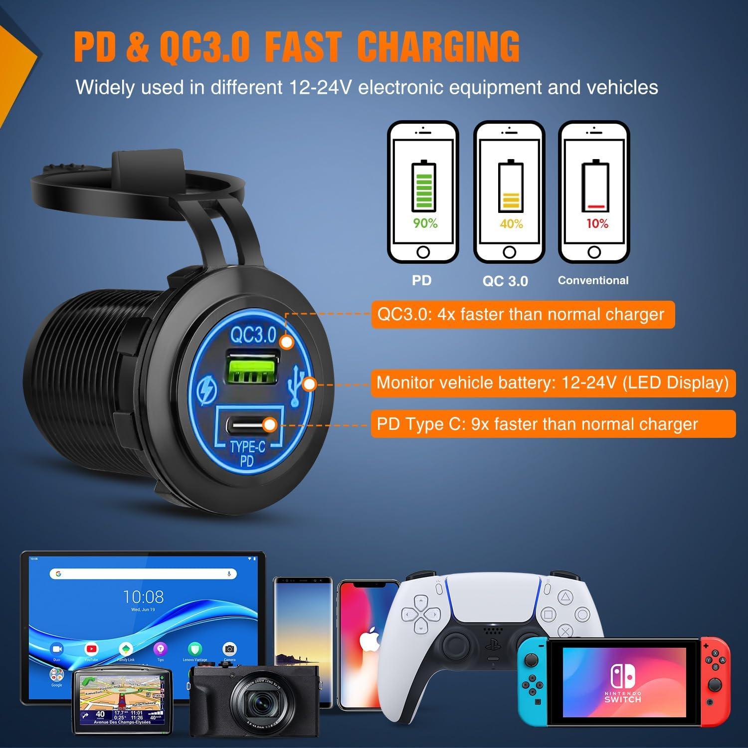 imageNilight  90117G 4 Gang Rocker Switch Panel Waterproof PreWired Aluminum Switch Panel with Dual USB Cigarette Lighter Socket Voltmeter12V24V DC ON Off Switch Panel for Cars Rvs Trucks BluePower Control Blue