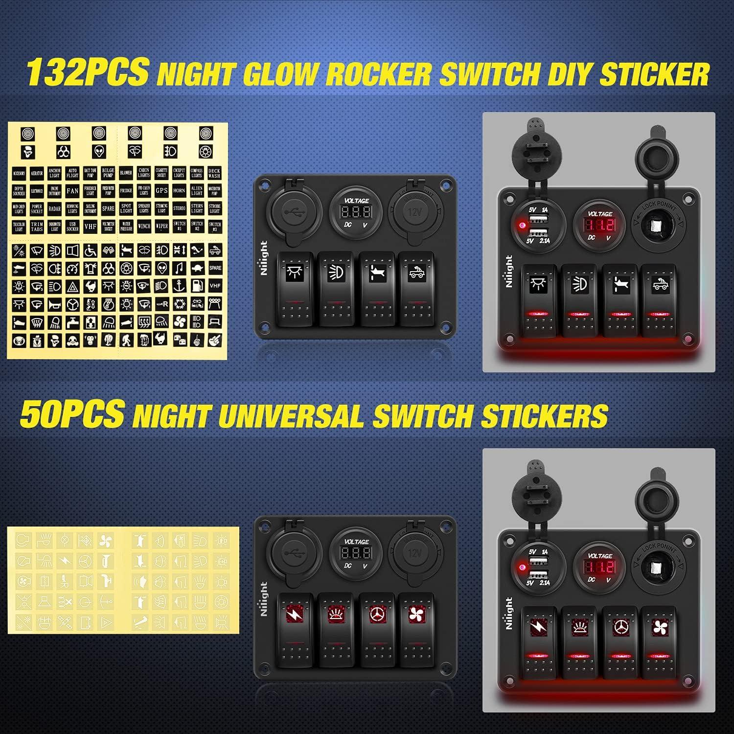 imageNilight  90117G 4 Gang Rocker Switch Panel Waterproof PreWired Aluminum Switch Panel with Dual USB Cigarette Lighter Socket Voltmeter12V24V DC ON Off Switch Panel for Cars Rvs Trucks BlueRed