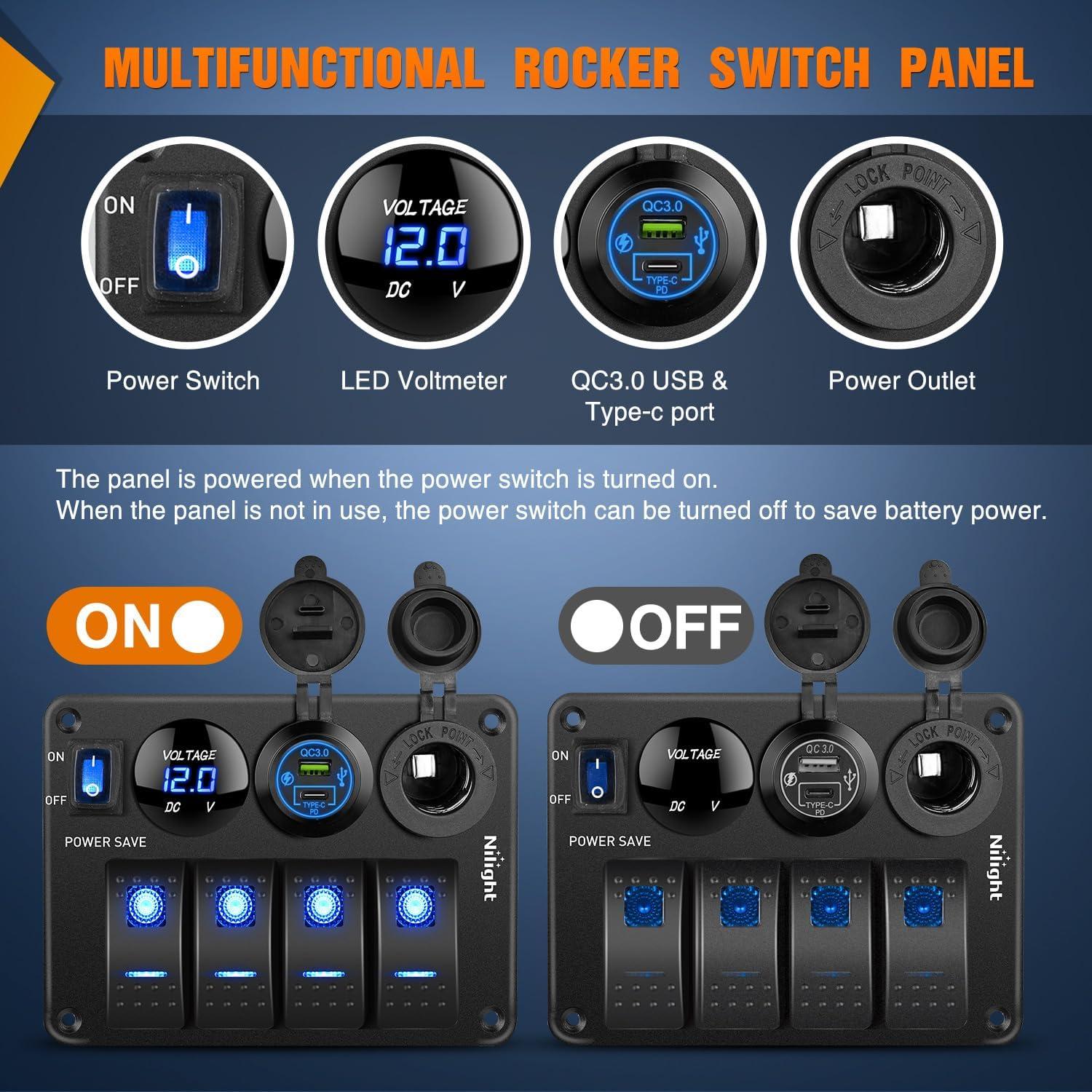 imageNilight  90117G 4 Gang Rocker Switch Panel Waterproof PreWired Aluminum Switch Panel with Dual USB Cigarette Lighter Socket Voltmeter12V24V DC ON Off Switch Panel for Cars Rvs Trucks BluePower Control Blue
