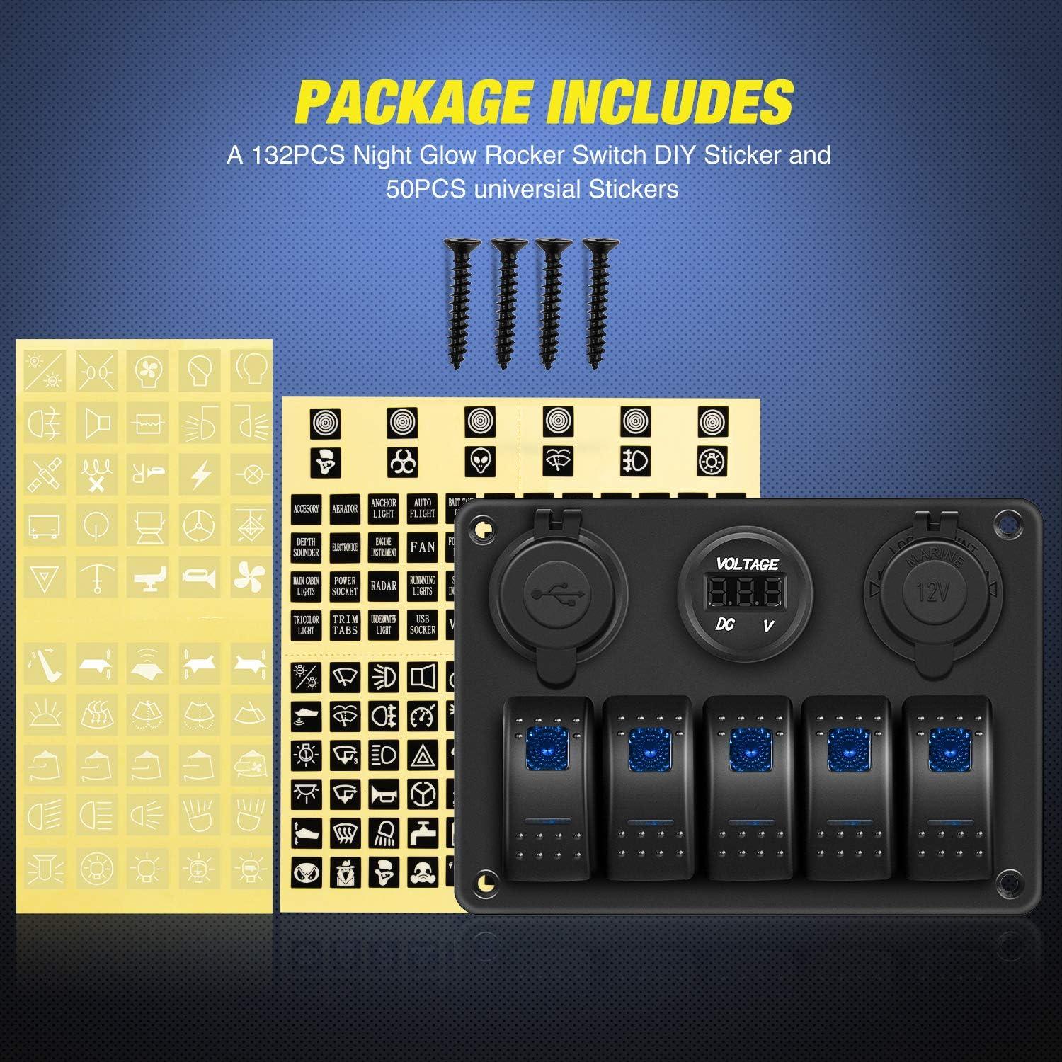 imageNilight  90118H 5 Gang Rocker Switch Panel PreWired Aluminum Switch Panel with Dual USB Cigarette Lighter Socket Voltmeter12V24V DC Switch Panel with Night Glow Stickers for Cars Rvs Trucks