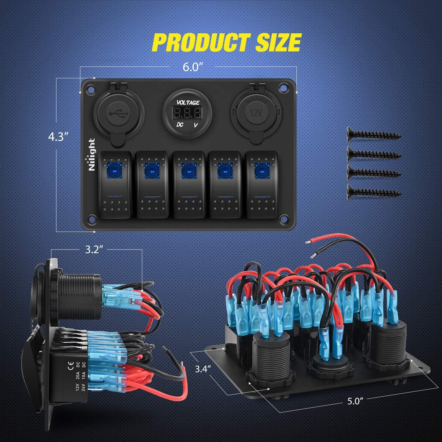 imageNilight  90118H 5 Gang Rocker Switch Panel PreWired Aluminum Switch Panel with Dual USB Cigarette Lighter Socket Voltmeter12V24V DC Switch Panel with Night Glow Stickers for Cars Rvs Trucks