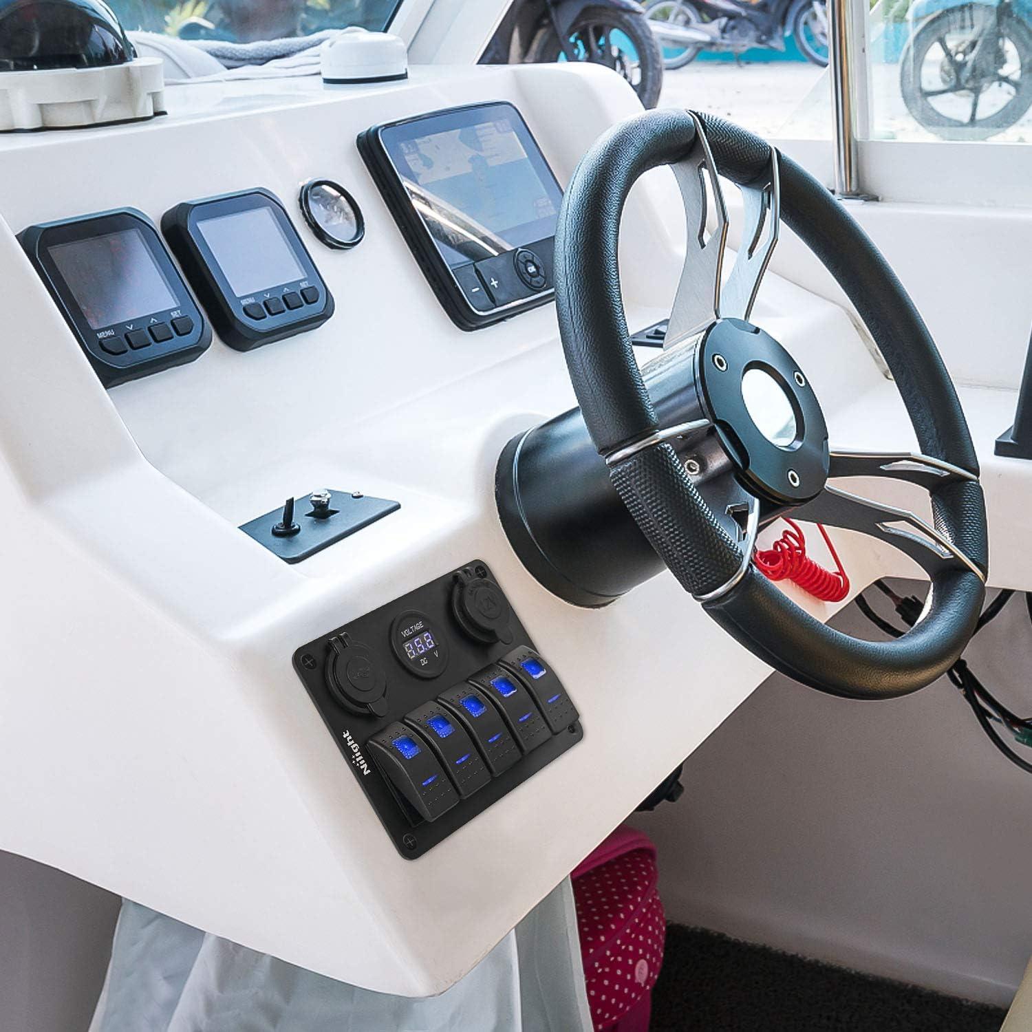 imageNilight  90118H 5 Gang Rocker Switch Panel PreWired Aluminum Switch Panel with Dual USB Cigarette Lighter Socket Voltmeter12V24V DC Switch Panel with Night Glow Stickers for Cars Rvs Trucks