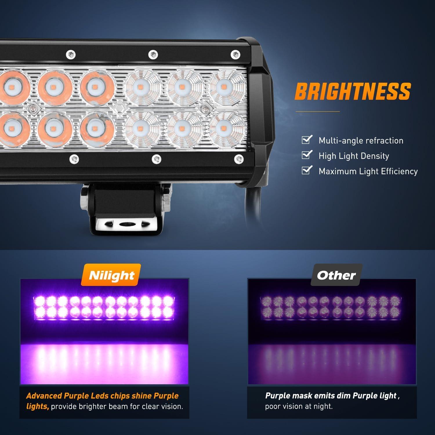 imageNilight  NI06A72W 12Inch 72W Spot Flood Combo Led Light Bar Off Road Lights Boat Lights Fog Light Driving Lights LED Work Light for Trucks 2 Years Warranty WhitePurple