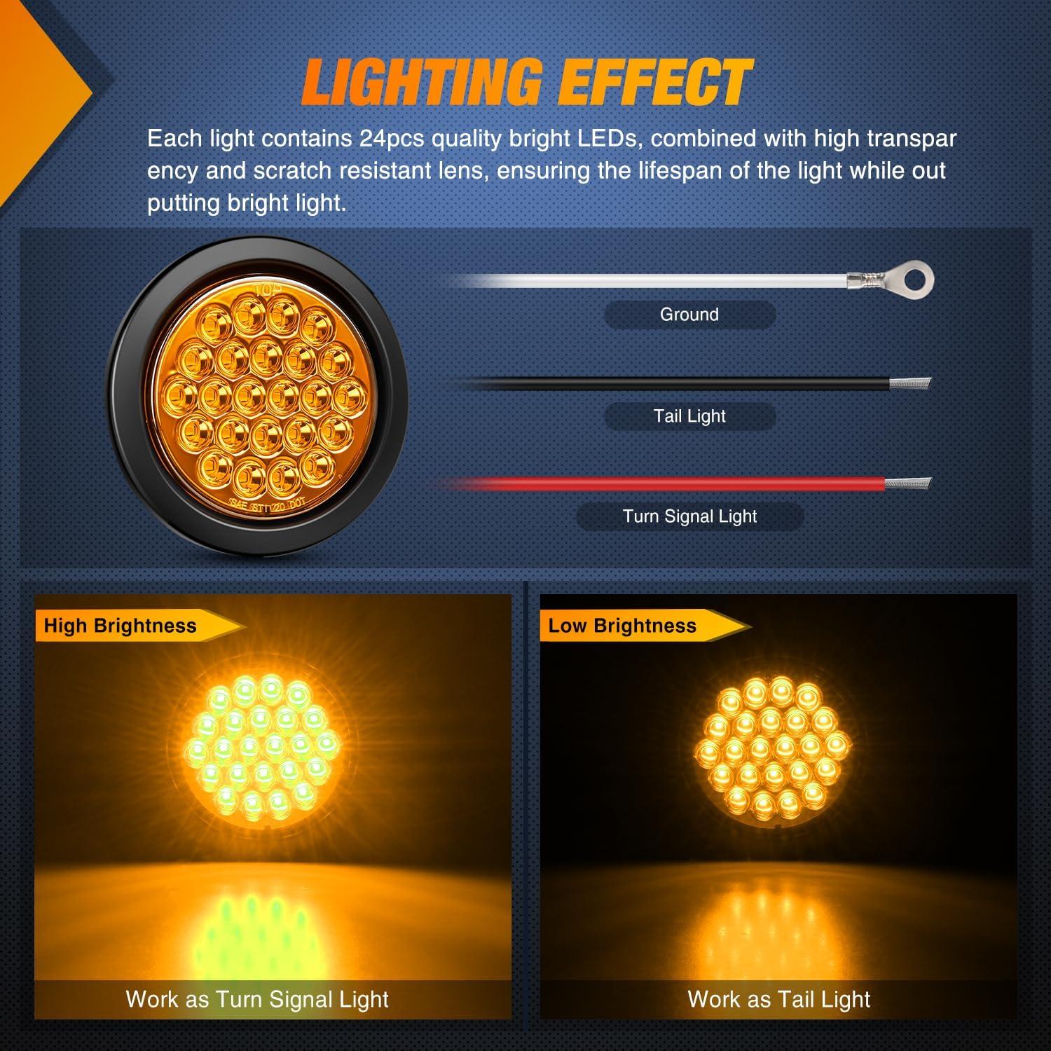 imageNilight  TL18 2PCS 4quot Round Red LED Trailer Tail Lights wSurface Mount Grommet Plugs IP67 Stop Brake Turn Tail Lights for Truck Trailer RV JeepAmber 2pcs 24Led