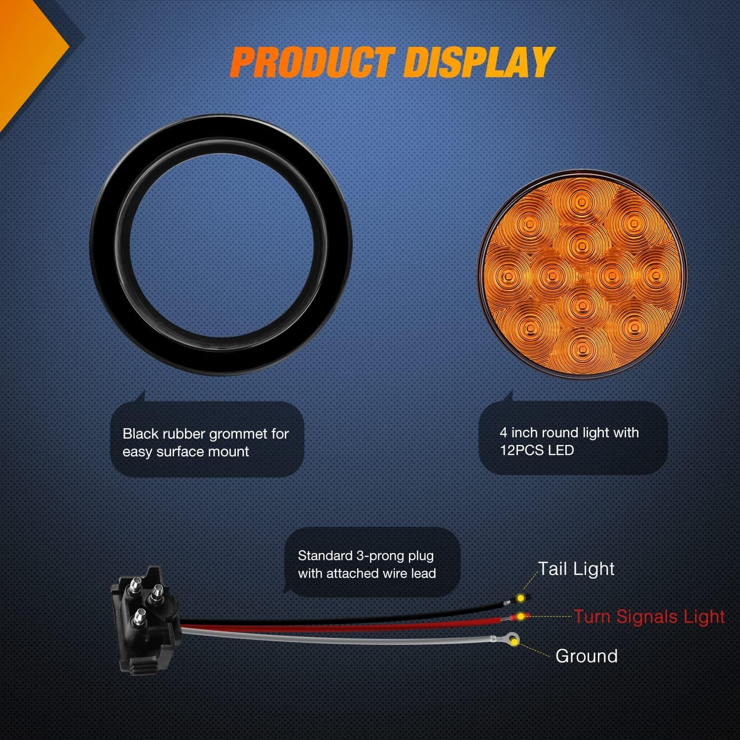 imageNilight  TL18 2PCS 4quot Round Red LED Trailer Tail Lights wSurface Mount Grommet Plugs IP67 Stop Brake Turn Tail Lights for Truck Trailer RV JeepAmber 2pcs