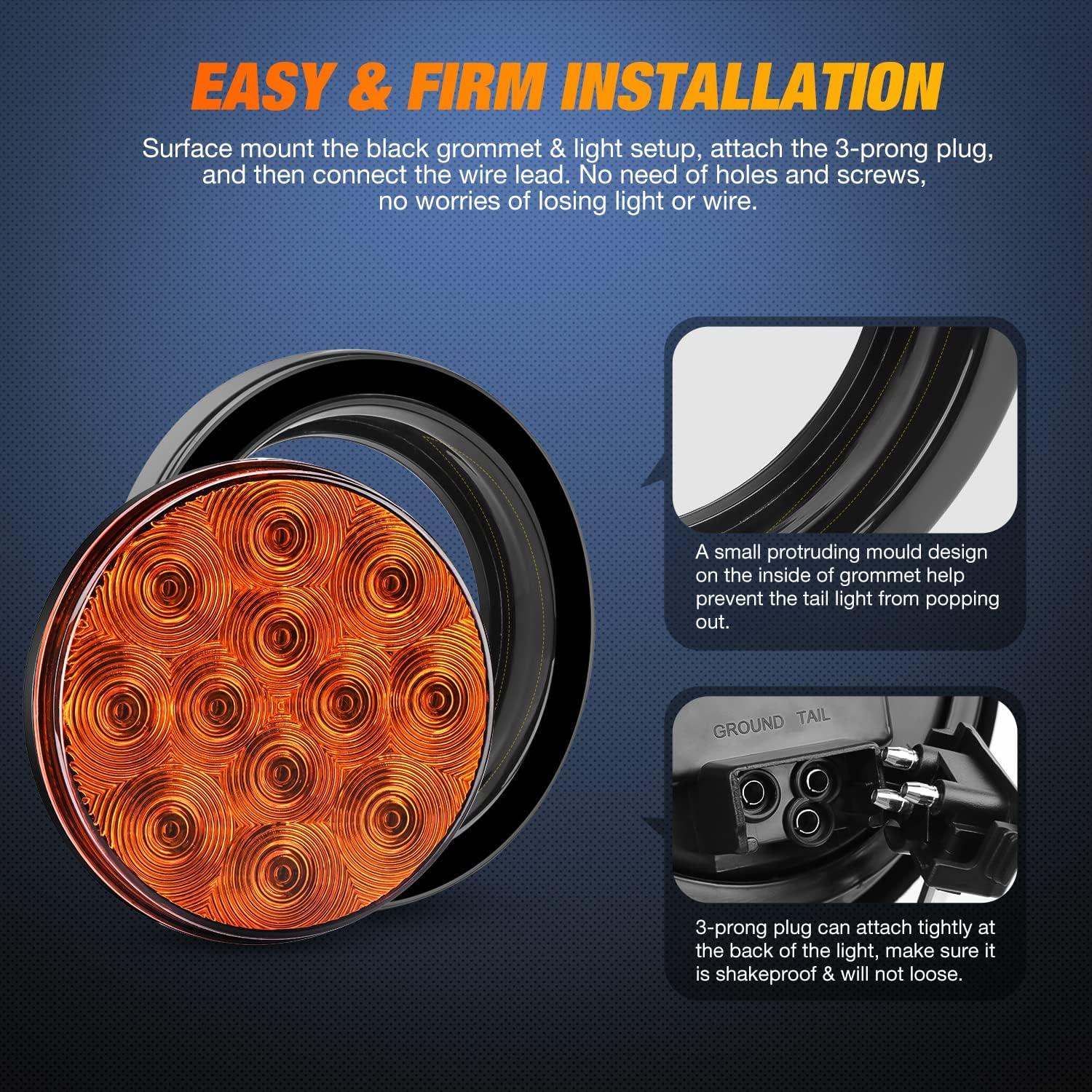 imageNilight  TL18 2PCS 4quot Round Red LED Trailer Tail Lights wSurface Mount Grommet Plugs IP67 Stop Brake Turn Tail Lights for Truck Trailer RV JeepAmber 2pcs