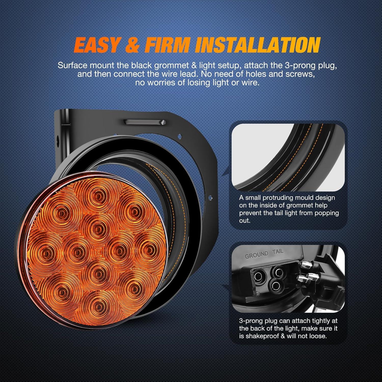 imageNilight  TL18 2PCS 4quot Round Red LED Trailer Tail Lights wSurface Mount Grommet Plugs IP67 Stop Brake Turn Tail Lights for Truck Trailer RV JeepAmber  Brackets 2pcs