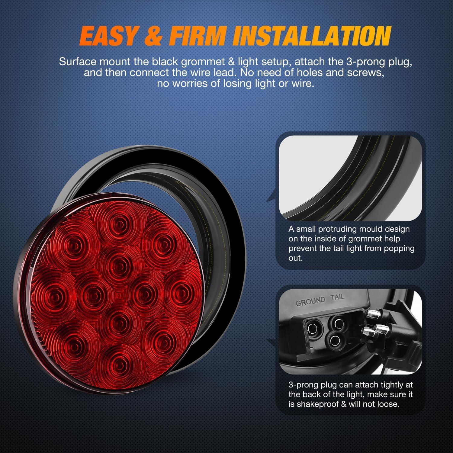 imageNilight  TL18 2PCS 4quot Round Red LED Trailer Tail Lights wSurface Mount Grommet Plugs IP67 Stop Brake Turn Tail Lights for Truck Trailer RV JeepRed 2pcs