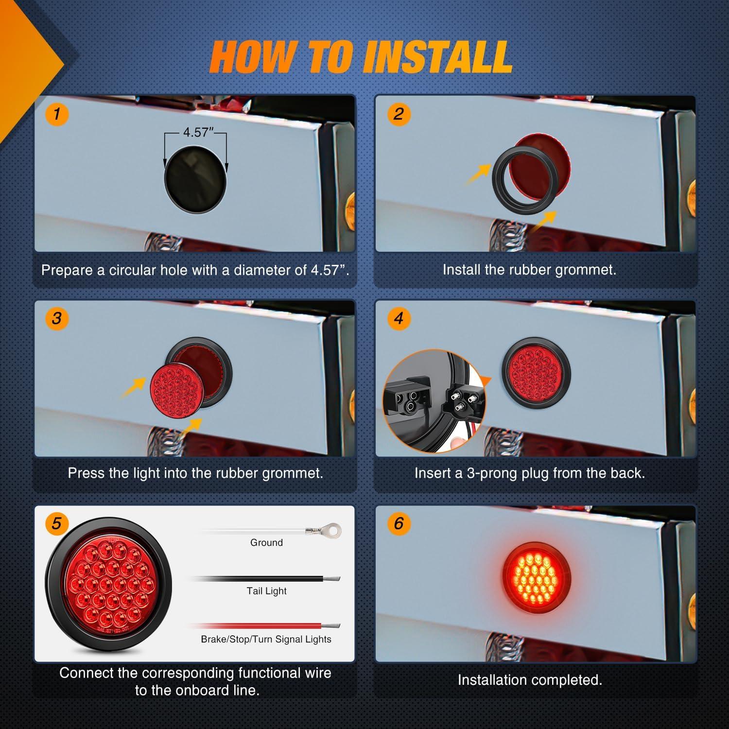 imageNilight  TL18 2PCS 4quot Round Red LED Trailer Tail Lights wSurface Mount Grommet Plugs IP67 Stop Brake Turn Tail Lights for Truck Trailer RV JeepRed 4pcs 24Led