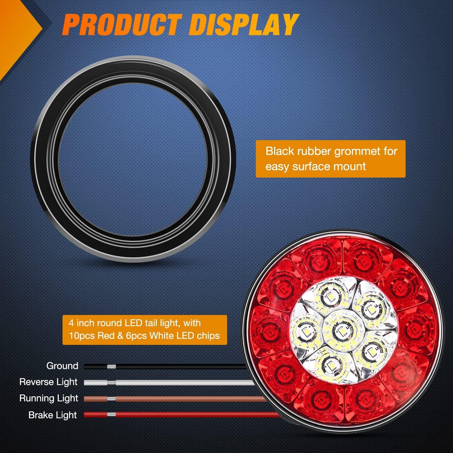 imageNilight  TL18 2PCS 4quot Round Red LED Trailer Tail Lights wSurface Mount Grommet Plugs IP67 Stop Brake Turn Tail Lights for Truck Trailer RV JeepRed White 2pcs