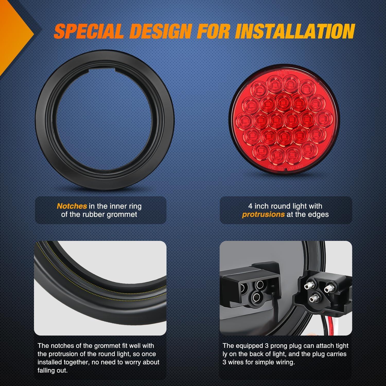 imageNilight  TL18 2PCS 4quot Round Red LED Trailer Tail Lights wSurface Mount Grommet Plugs IP67 Stop Brake Turn Tail Lights for Truck Trailer RV JeepRed 4pcs 24Led