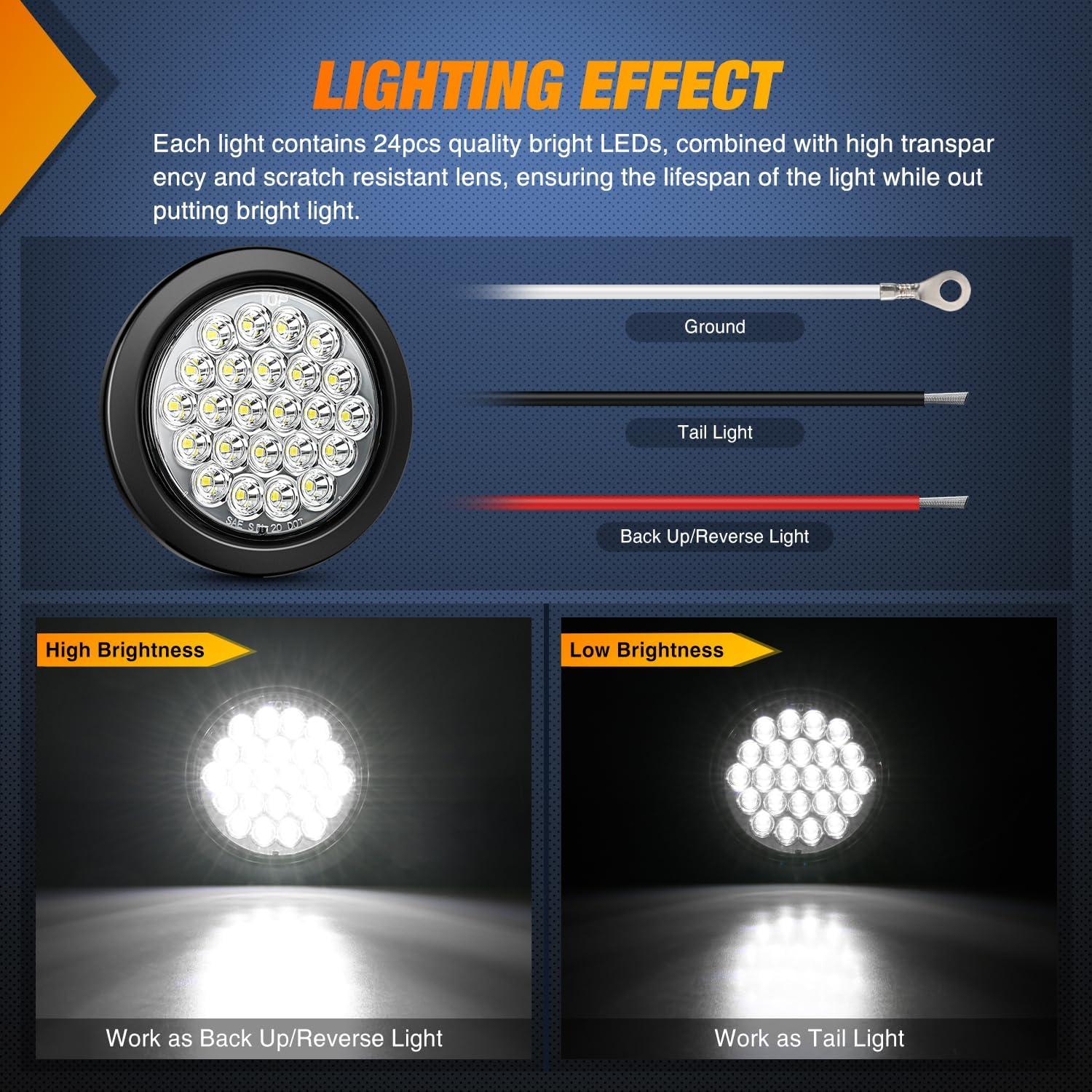 imageNilight  TL18 2PCS 4quot Round Red LED Trailer Tail Lights wSurface Mount Grommet Plugs IP67 Stop Brake Turn Tail Lights for Truck Trailer RV JeepWhite 2pcs 24Led