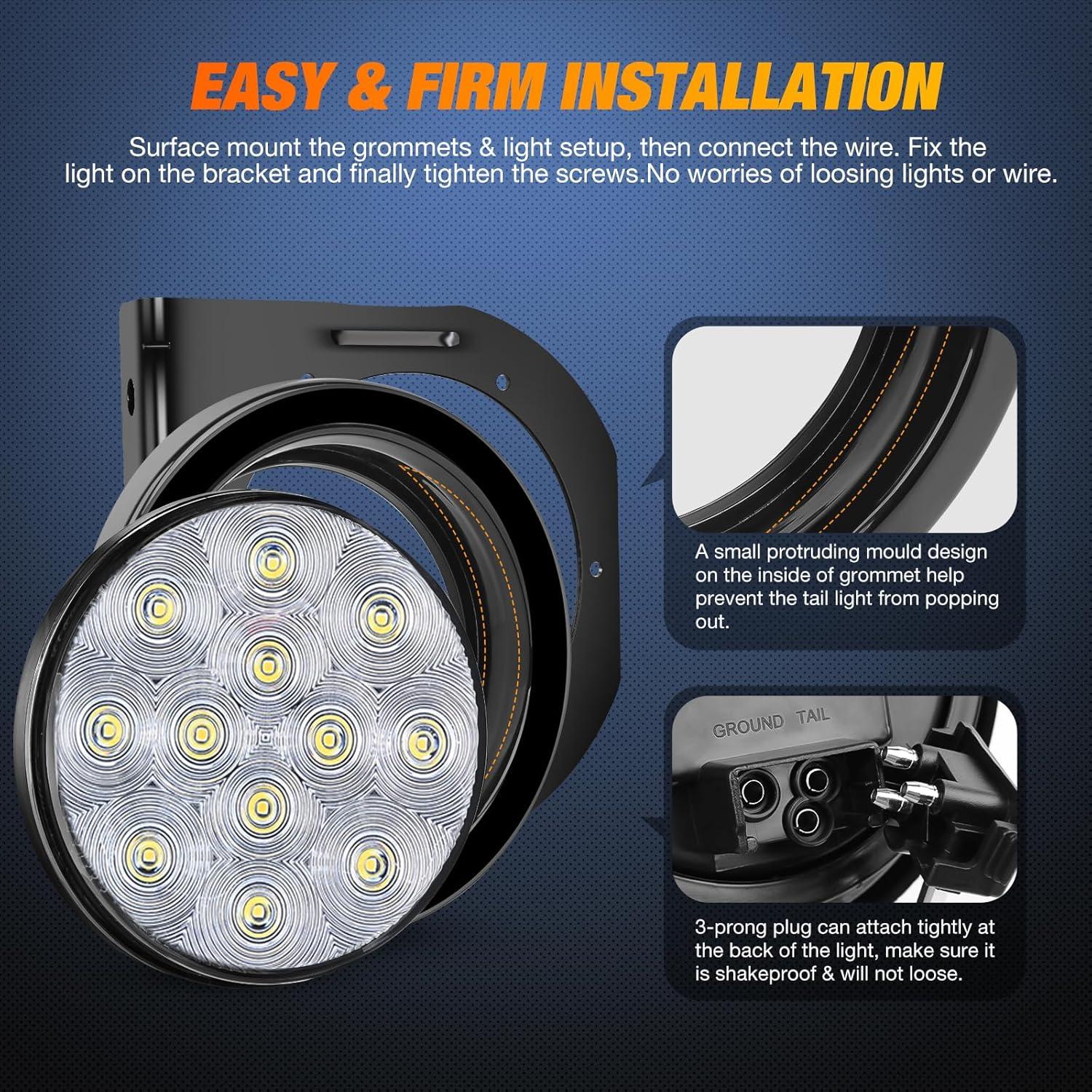 imageNilight  TL18 2PCS 4quot Round Red LED Trailer Tail Lights wSurface Mount Grommet Plugs IP67 Stop Brake Turn Tail Lights for Truck Trailer RV JeepWhite  Brackets 2pcs