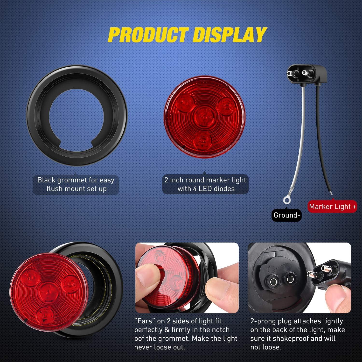 imageNilight 10 PCS Round Side Marker Clearance Light 4 LED Flush Mount with Plug Grommet Pigtail Hardwired for Trailer Truck RV AmberRedRed 5Pcs 4LED