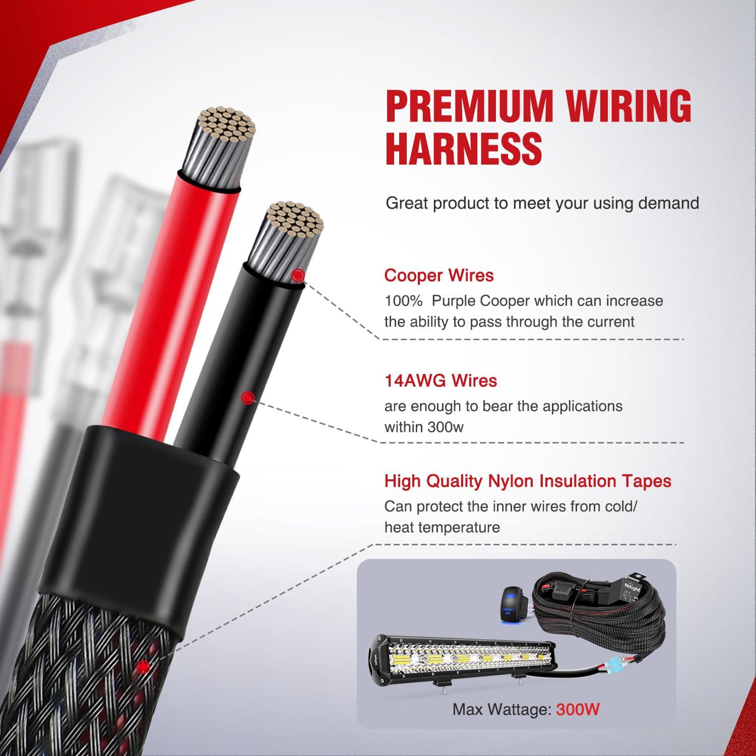 imageNilight 10014W LED Light Bar Wiring Harness Kit 14AWG Heavy Duty 12V 5Pin Rocker Laser On Off Waterproof Switch Power Relay Blade Fuse1 Lead 2 Years Warranty14AWG Wiring Harness 1 Lead w Nylon Wire Loom