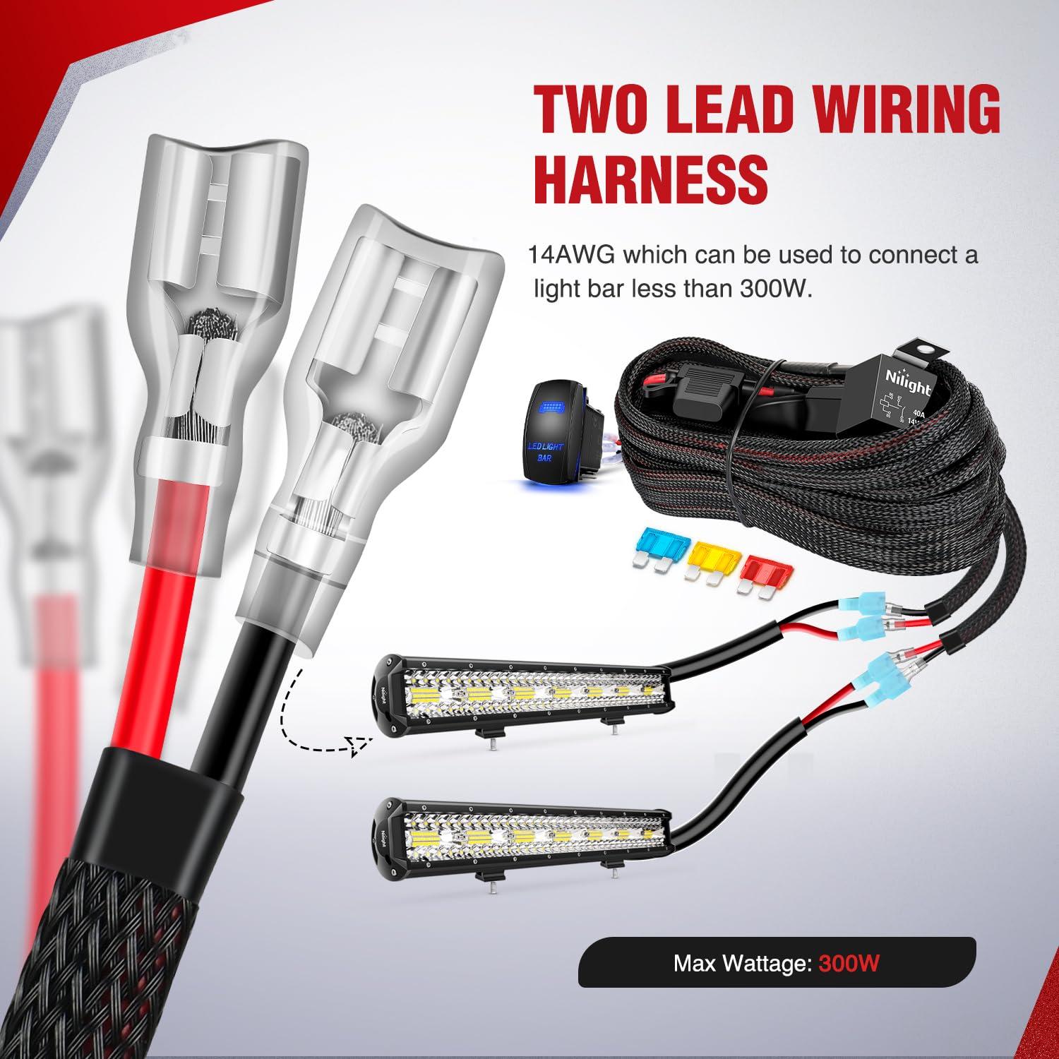 imageNilight 10014W LED Light Bar Wiring Harness Kit 14AWG Heavy Duty 12V 5Pin Rocker Laser On Off Waterproof Switch Power Relay Blade Fuse1 Lead 2 Years Warranty14AWG Wiring Harness 2 Leads w Nylon Wire Loom