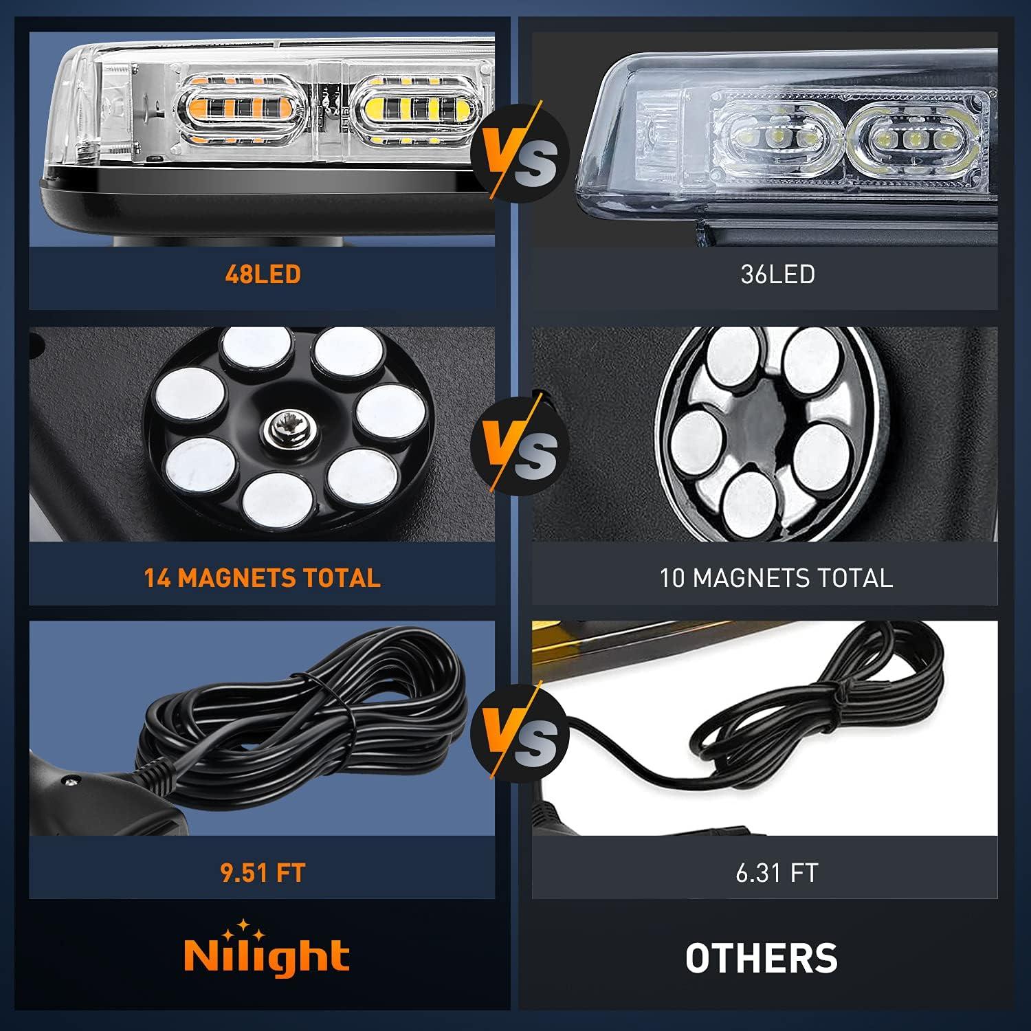 imageNilight 12 Inch Roof Top Strobe Lights 48LED Hazard Light Emergency Safety Warning LED Flashing Bar Magnetic Mount 12V 24V Cars Trucks Tractors Snow Plows Construction VehiclesAmber Mix White