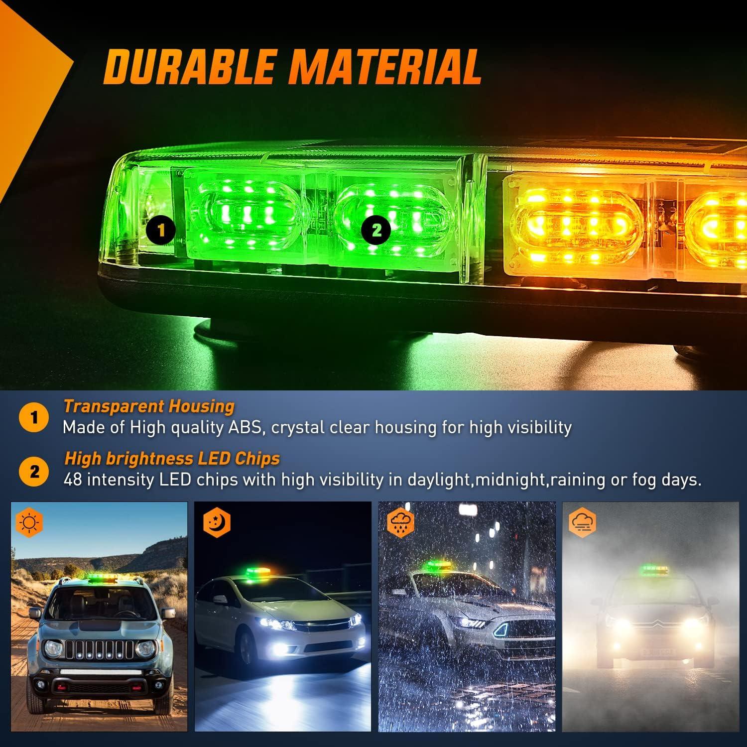 imageNilight 12 Inch Roof Top Strobe Lights 48LED Hazard Light Emergency Safety Warning LED Flashing Bar Magnetic Mount 12V 24V Cars Trucks Tractors Snow Plows Construction VehiclesAmber and Green