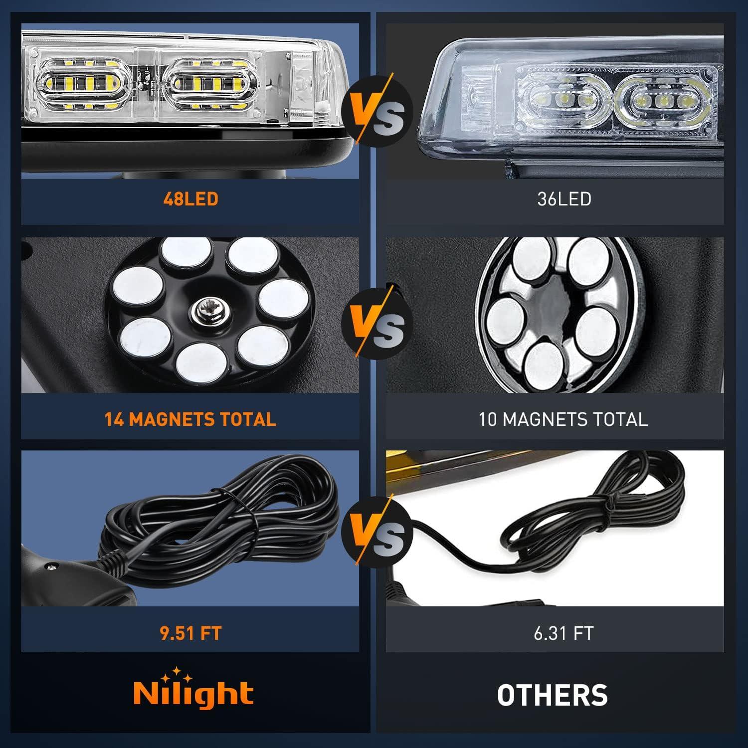 imageNilight 12 Inch Roof Top Strobe Lights 48LED Hazard Light Emergency Safety Warning LED Flashing Bar Magnetic Mount 12V 24V Cars Trucks Tractors Snow Plows Construction VehiclesAmber and White