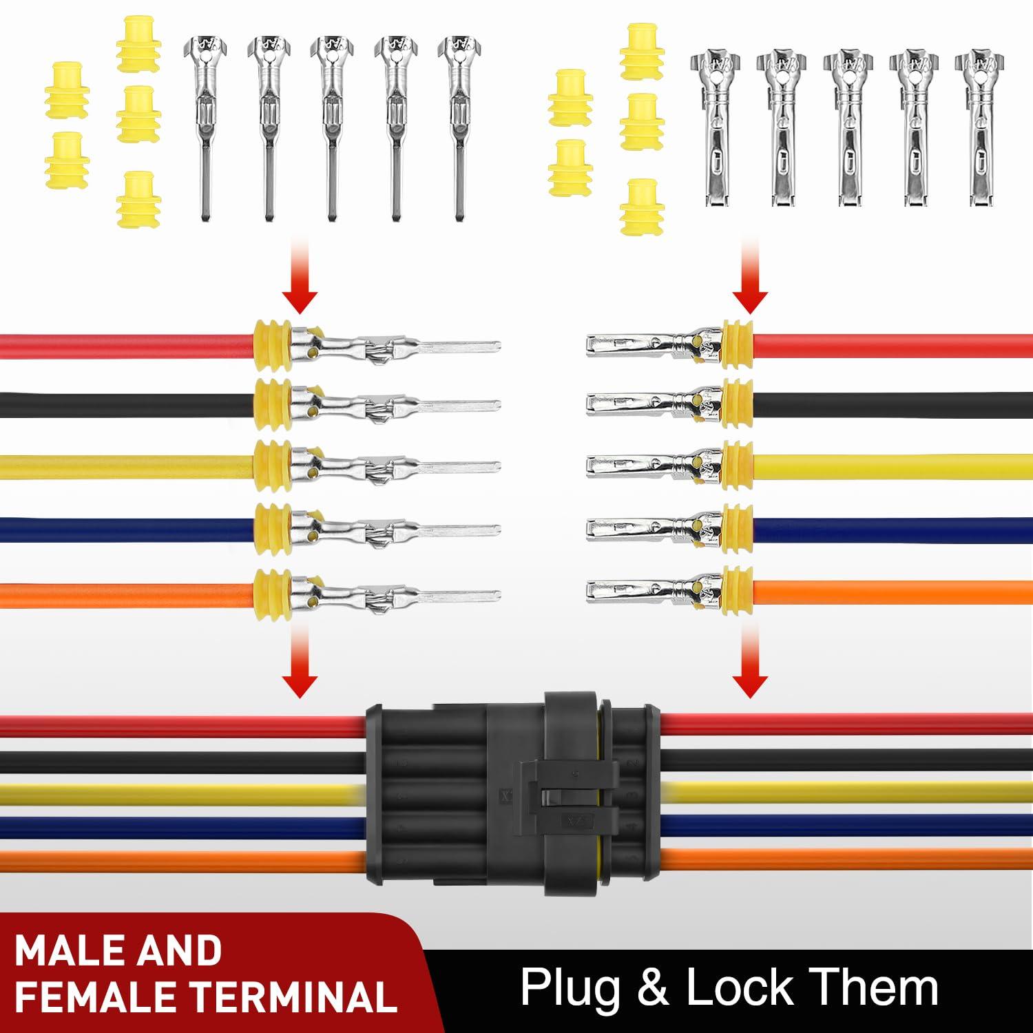 imageNilight 120PCS 1 Pin Electrical Connector Plug Male Female Terminal Wire Connectors Waterproof One Way Automotive Connect Set for Car Truck Motorcycle Marine Boat 20 Sets5Pin Connector 200Pcs