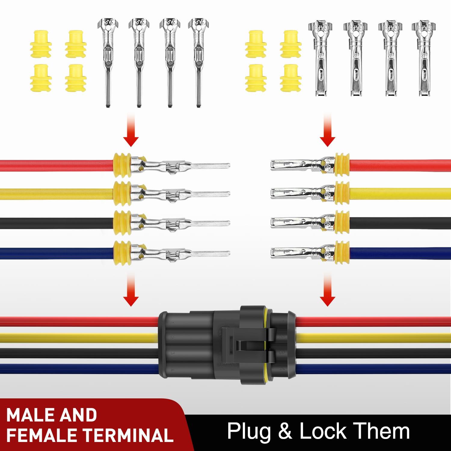 imageNilight 120PCS 1 Pin Electrical Connector Plug Male Female Terminal Wire Connectors Waterproof One Way Automotive Connect Set for Car Truck Motorcycle Marine Boat 20 Sets4Pin Connector 200Pcs