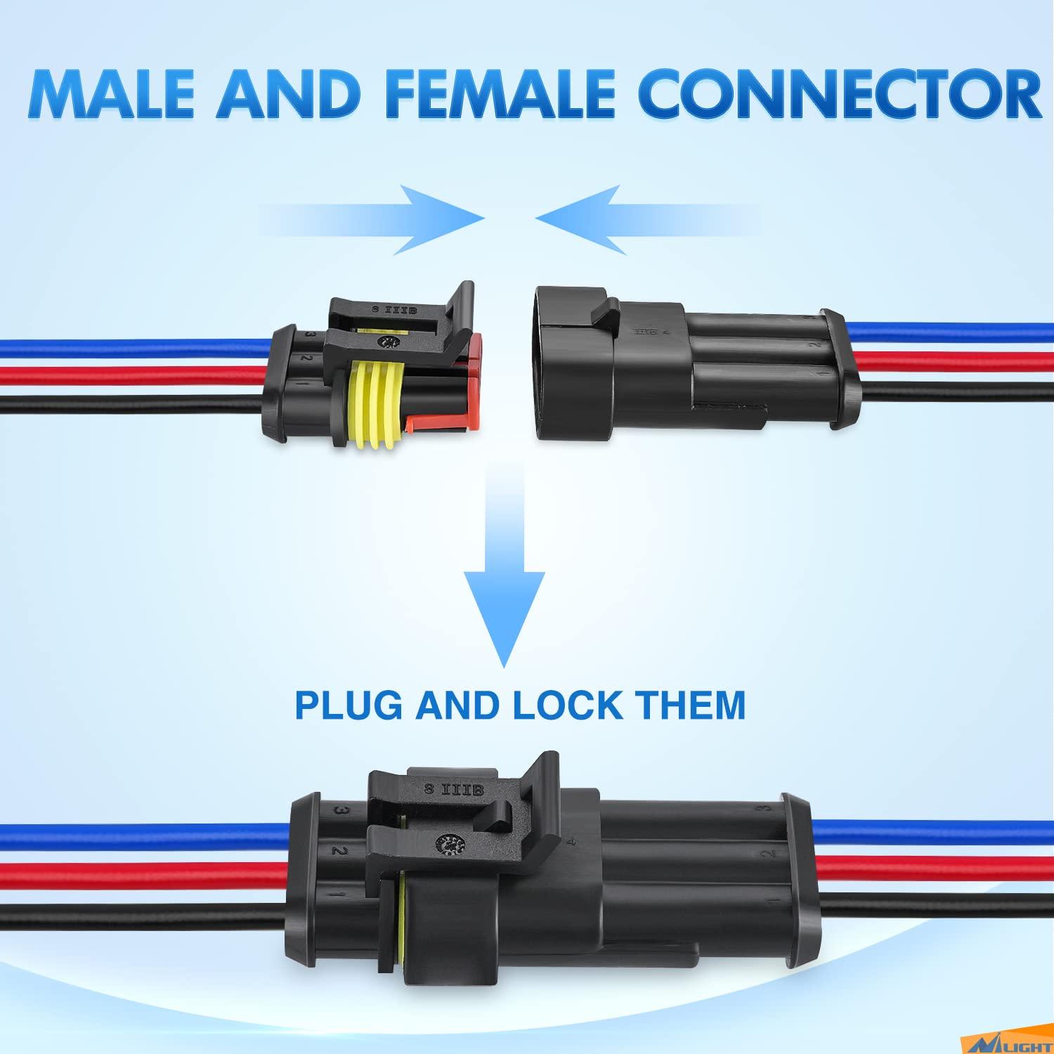 imageNilight 120PCS 1 Pin Electrical Connector Plug Male Female Terminal Wire Connectors Waterproof One Way Automotive Connect Set for Car Truck Motorcycle Marine Boat 20 Sets3Pin Wire Harness 10Sets