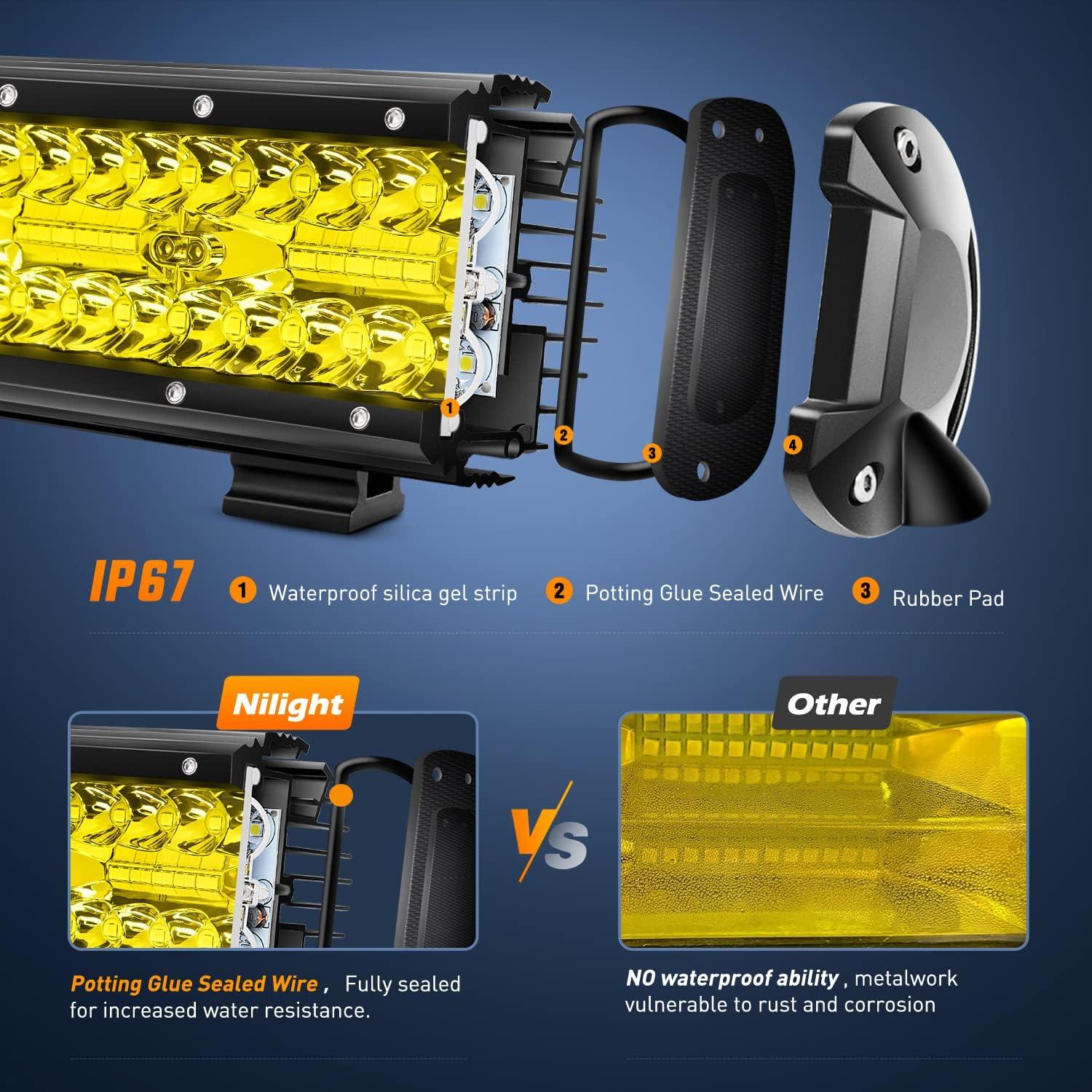 imageNilight 12Inch 300W LED Light Bar Spot Flood Amber White Strobe 6 Modes with Memory Function OffRoad Truck Car ATV SUV Cabin Boat with 16AWG Wiring Harness Kit1 Lead1PC Amber Lights Wiring