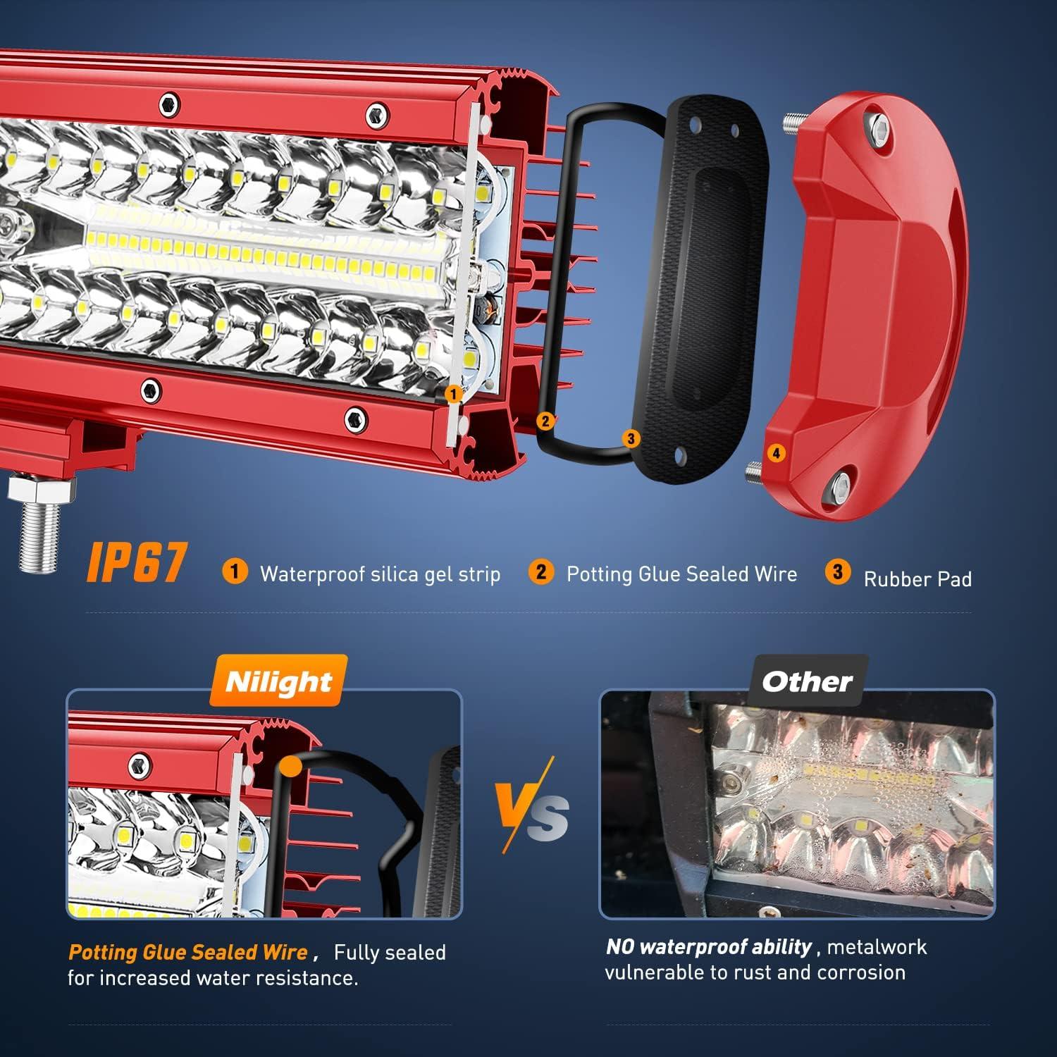 imageNilight 12Inch 300W LED Light Bar Spot Flood Amber White Strobe 6 Modes with Memory Function OffRoad Truck Car ATV SUV Cabin Boat with 16AWG Wiring Harness Kit1 Lead1PC White Light Red Shell  Wiring