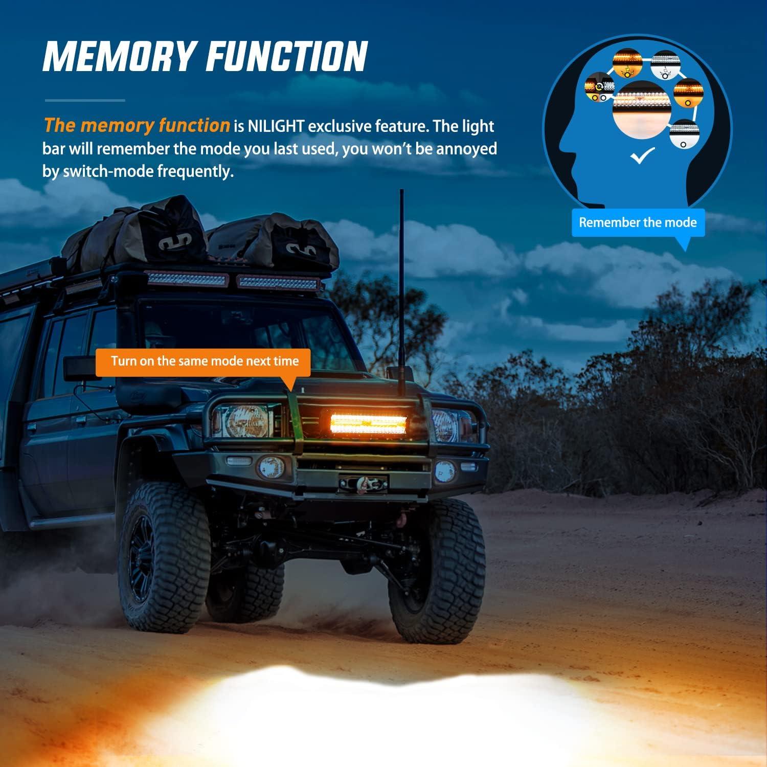 imageNilight 12Inch 300W LED Light Bar Spot Flood Amber White Strobe 6 Modes with Memory Function OffRoad Truck Car ATV SUV Cabin Boat with 16AWG Wiring Harness Kit1 Lead1PC Amber White 6 Modes Lights Wiring