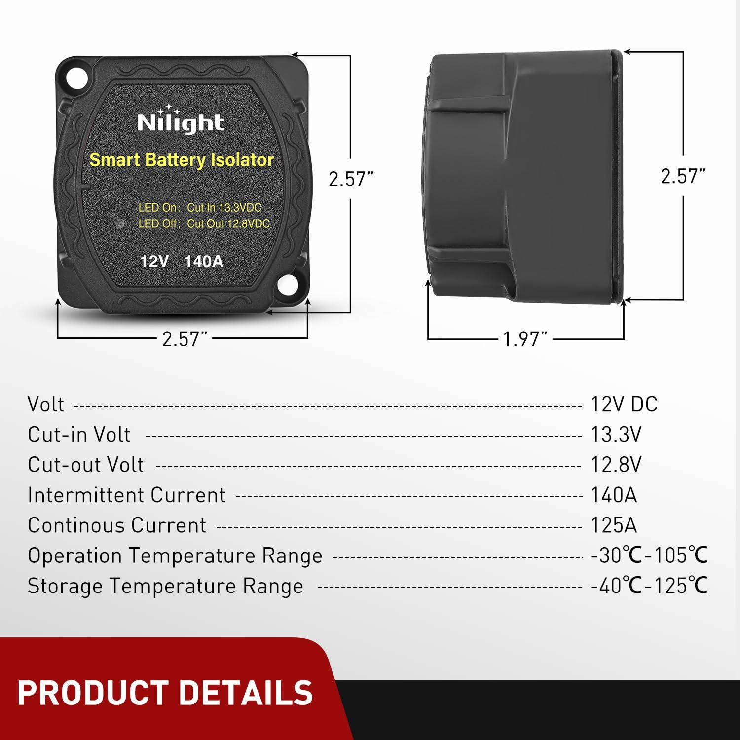 imageNilight 12V 140AMP Dual Battery Isolator Voltage Sensitive Relay Smart VSR Dual Battery Automatic Charger Relays Auto Disconnect Switch Waterproof for Truck Van RV ATV UTV Boat Can Am140 Amp