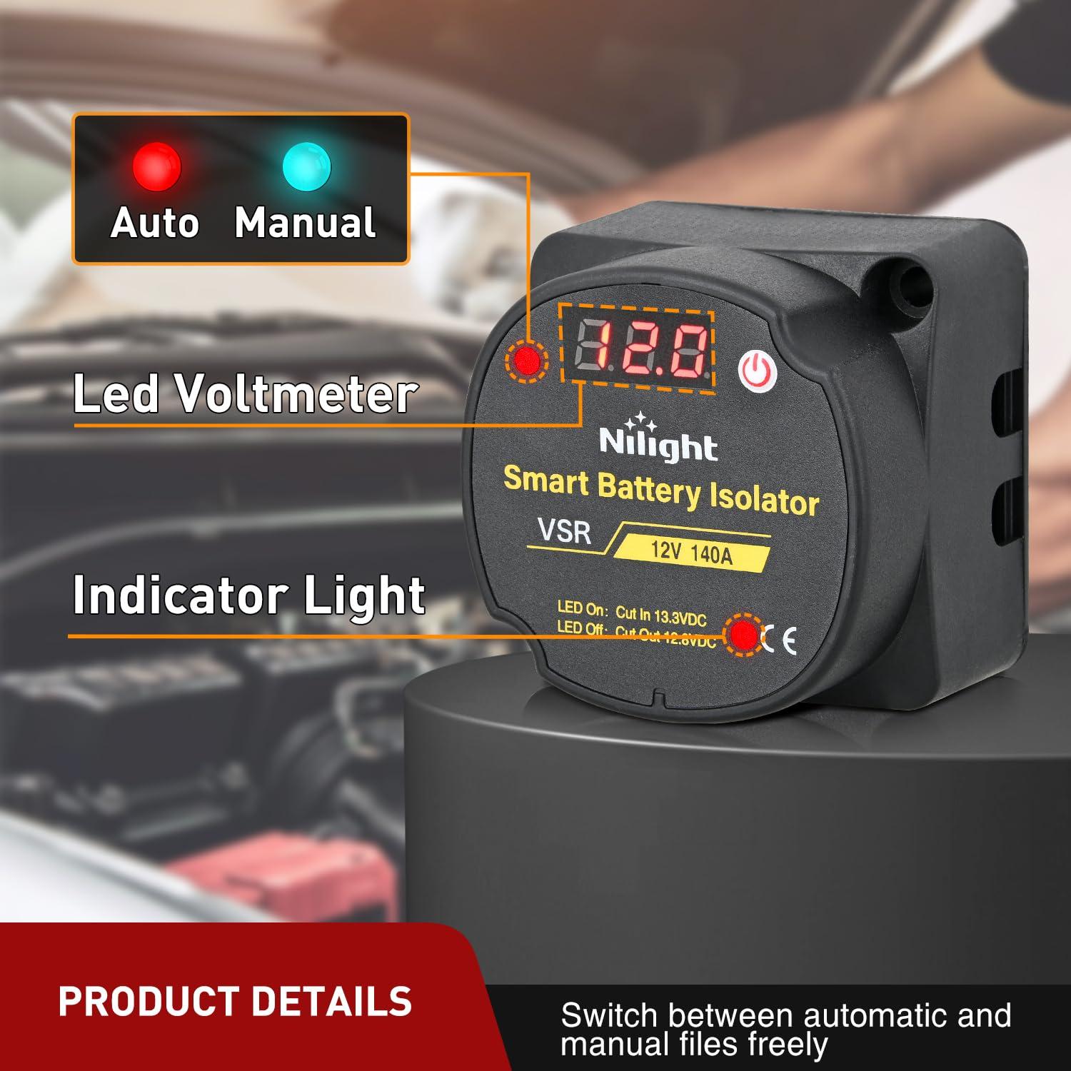 imageNilight 12V 140AMP Dual Battery Isolator Voltage Sensitive Relay Smart VSR Dual Battery Automatic Charger Relays Auto Disconnect Switch Waterproof for Truck Van RV ATV UTV Boat Can Am140 Amp wVoltmeter