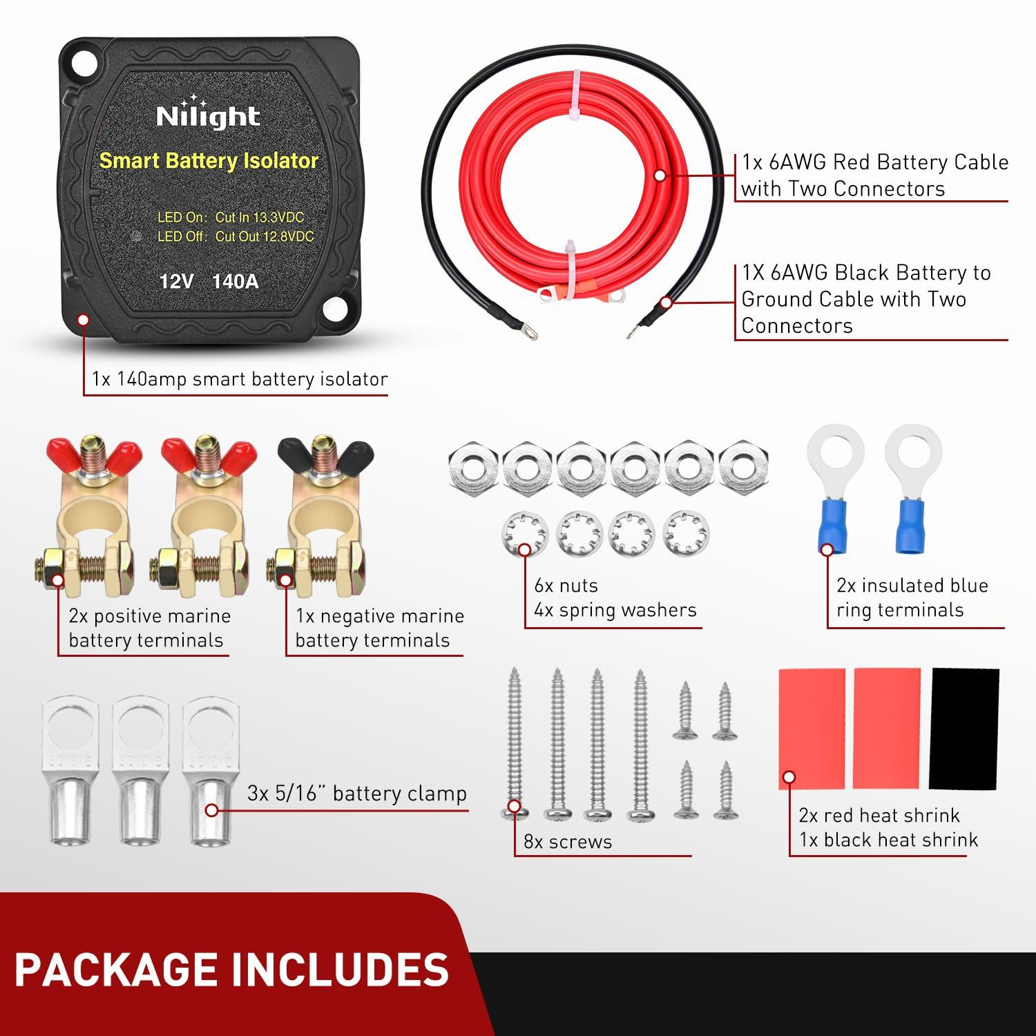 imageNilight 12V 140AMP Dual Battery Isolator Voltage Sensitive Relay Smart VSR Dual Battery Automatic Charger Relays Auto Disconnect Switch Waterproof for Truck Van RV ATV UTV Boat Can Am140 Amp Kit