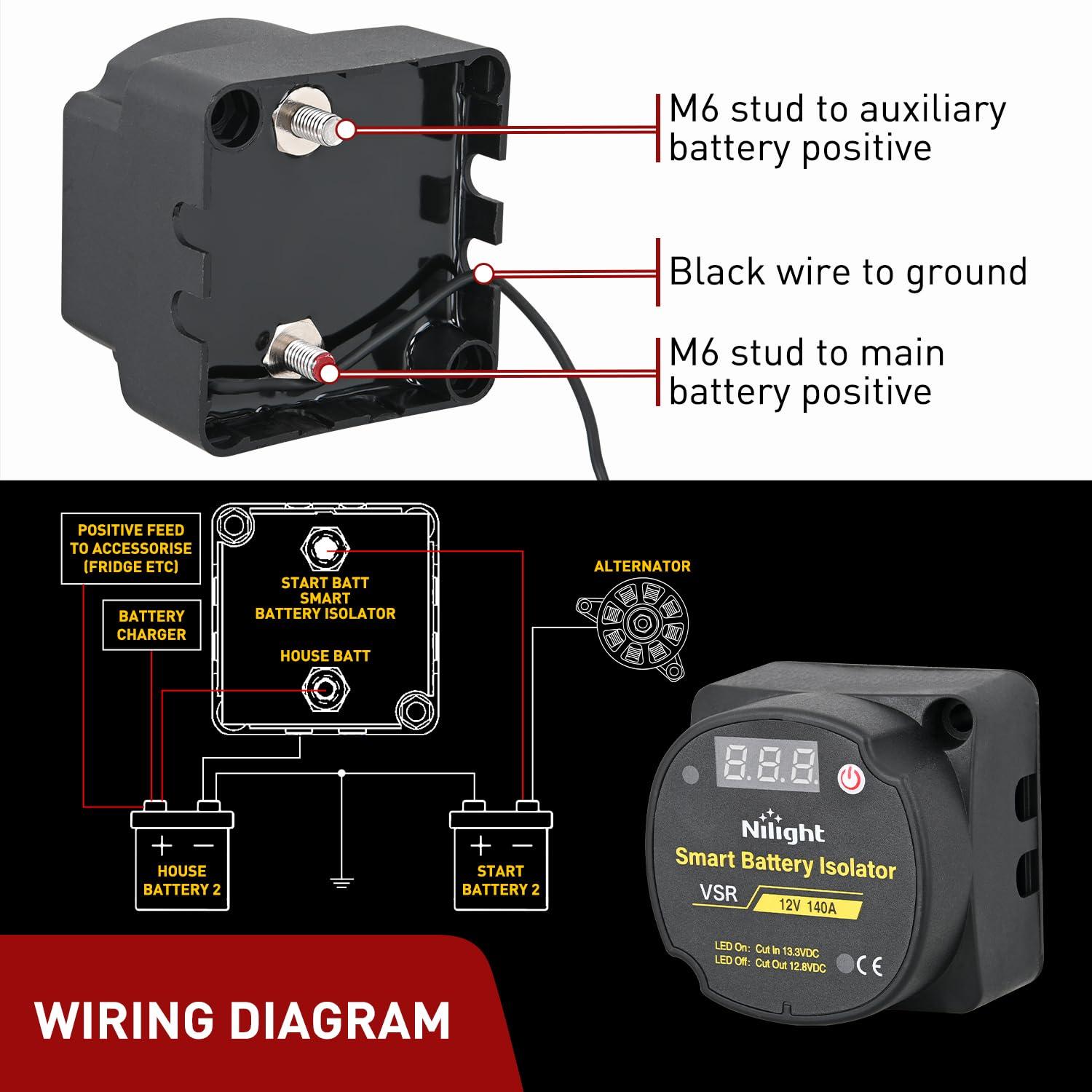 imageNilight 12V 140AMP Dual Battery Isolator Voltage Sensitive Relay Smart VSR Dual Battery Automatic Charger Relays Auto Disconnect Switch Waterproof for Truck Van RV ATV UTV Boat Can Am140 Amp wVoltmeter