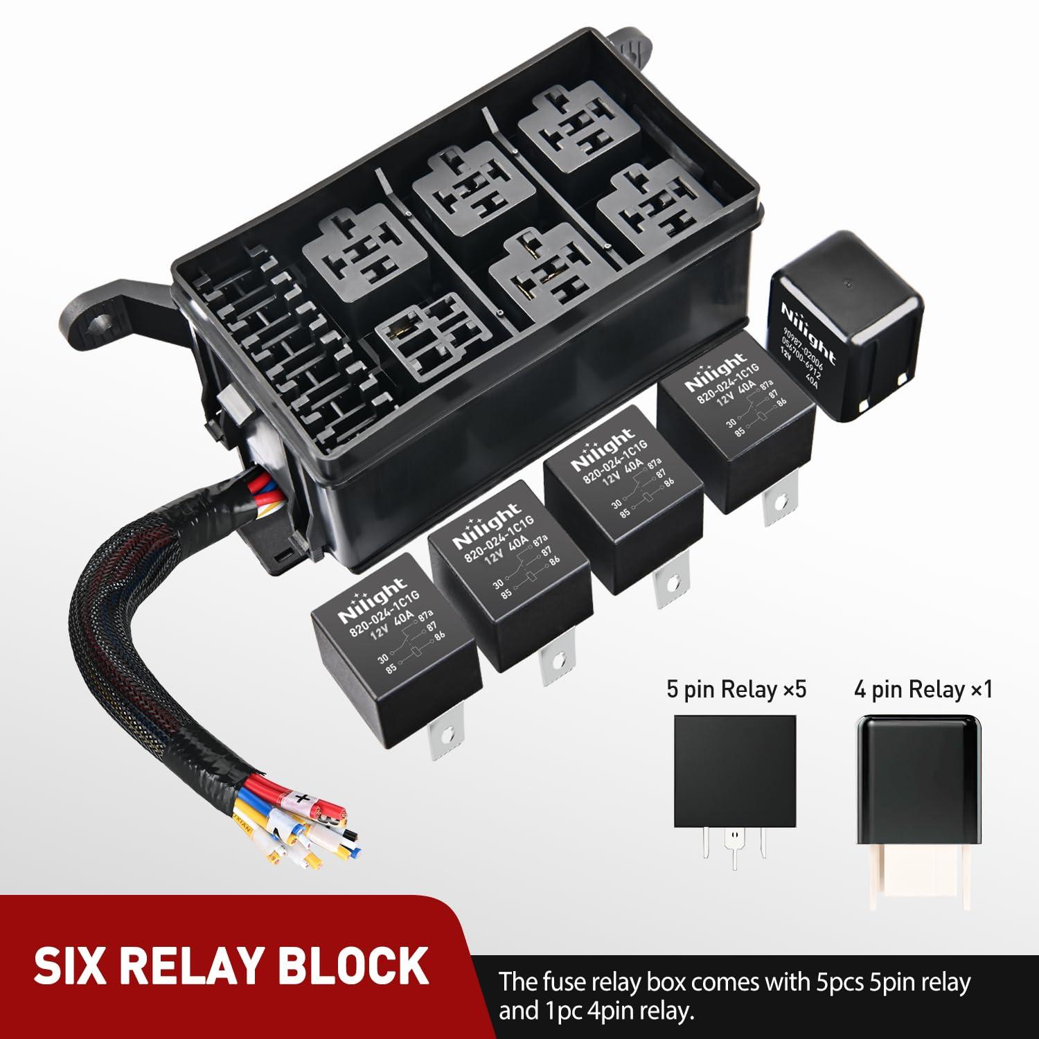 imageNilight 12V Fuse Relay Box 6 Relays 6 Slots ATC ATO Blade Fuse Holder 4Pin 5Pin Terminal 40A Relay Waterproof Block Kit Universal for Automotive Car Truck Camper Marine BoatFuse and Relay Block PreWired