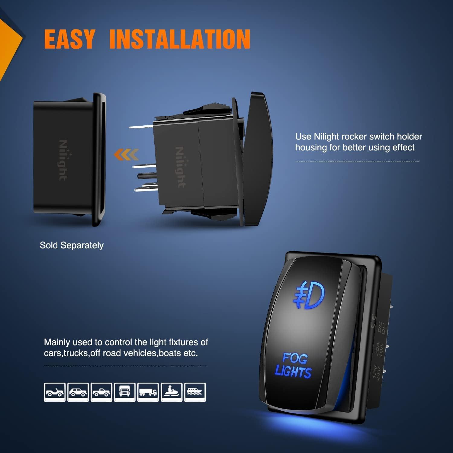 imageNilight 16AWG Heavy Duty Wiring Harness Kit  12V 5PIN Rocker Switch Relay Blade Fuse Socket Connector  Compatible with 9005 9006 9140 9145 HB3 H10 Fog Light BulbsFog light Switch