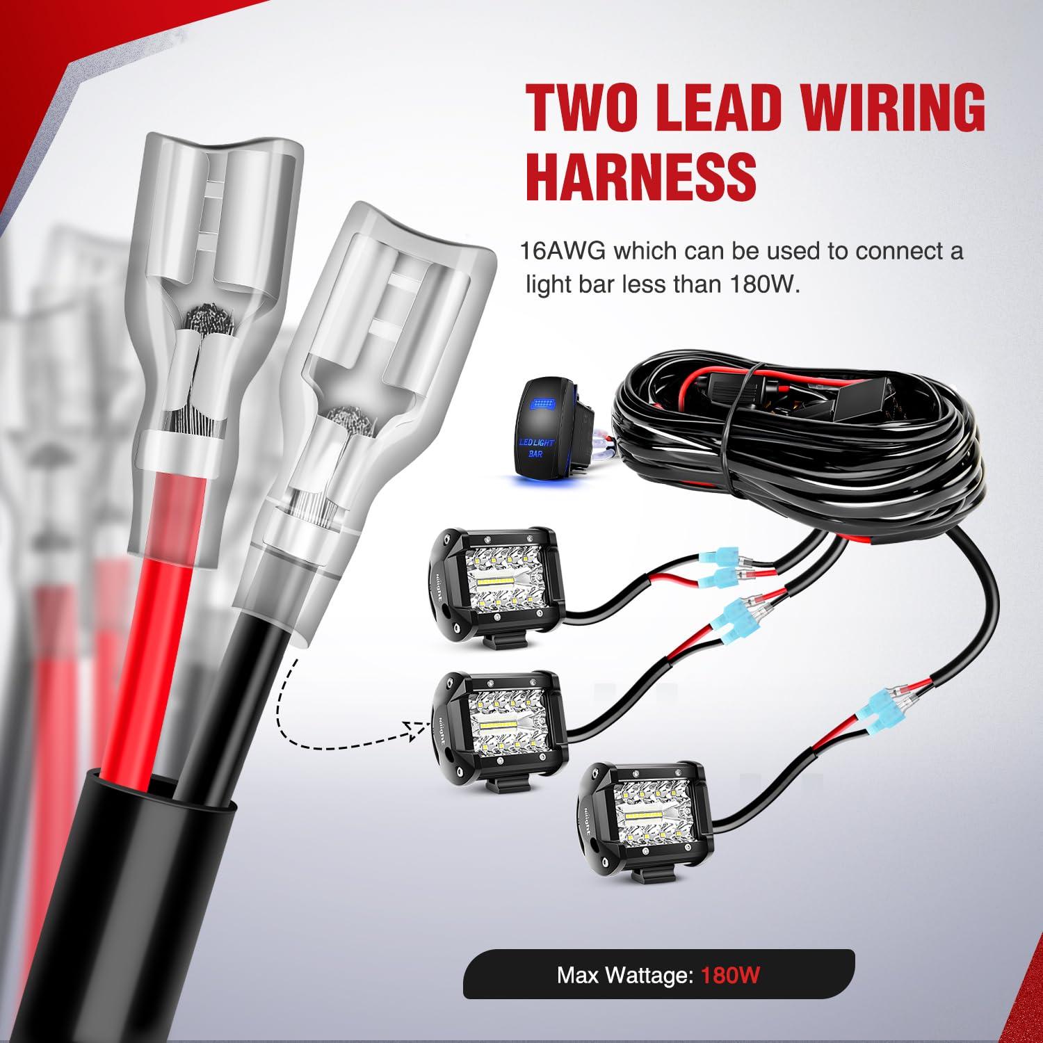 imageNilight 16AWG LED Light Bar Wiring Harness Kit 12V OnOff 2 Gang Rocker Switch Panel Power Relay Blade Fuse 5Pin Toggle Switches for Cars Boat ATV Trucks4 Leads16AWG Wiring Harness3 Leads