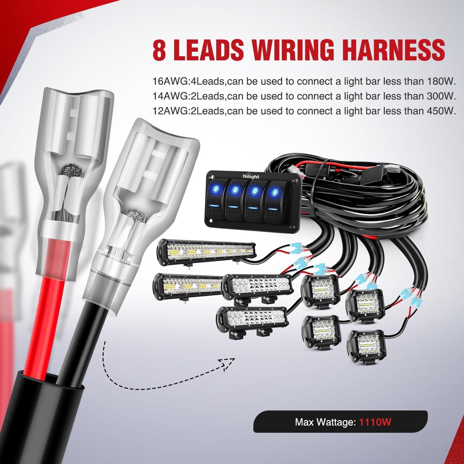 imageNilight 16AWG LED Light Bar Wiring Harness Kit 12V OnOff 3 Gang LED Pod Lights Rocker Switch Panel Power Relay Fuse 5Pin Toggle for Cars Boat ATV Trucks6 Leads4Gang Rocker Switch 16AWG Wiring Harness