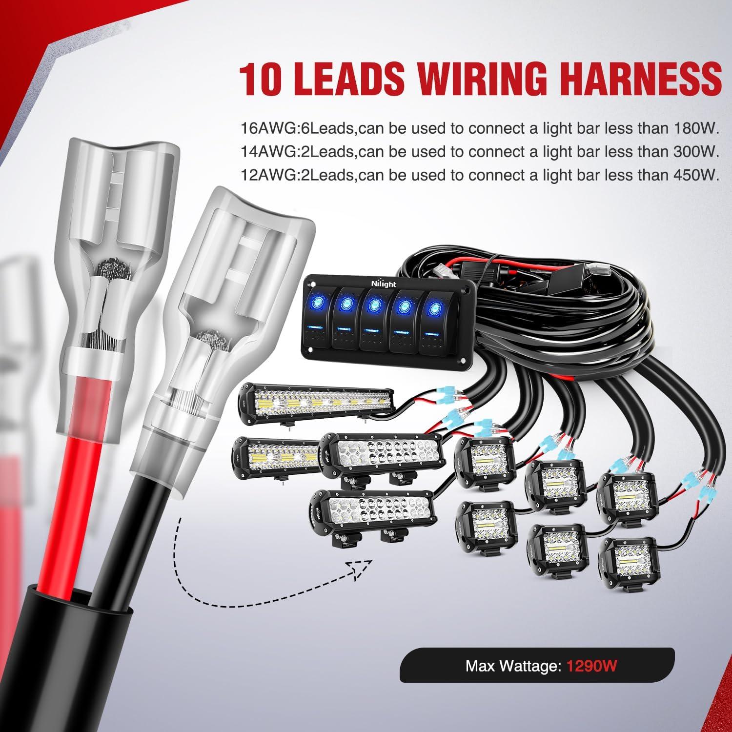 imageNilight 16AWG LED Light Bar Wiring Harness Kit 12V OnOff 3 Gang LED Pod Lights Rocker Switch Panel Power Relay Fuse 5Pin Toggle for Cars Boat ATV Trucks6 Leads5Gang Rocker Switch 16AWG Wiring Harness