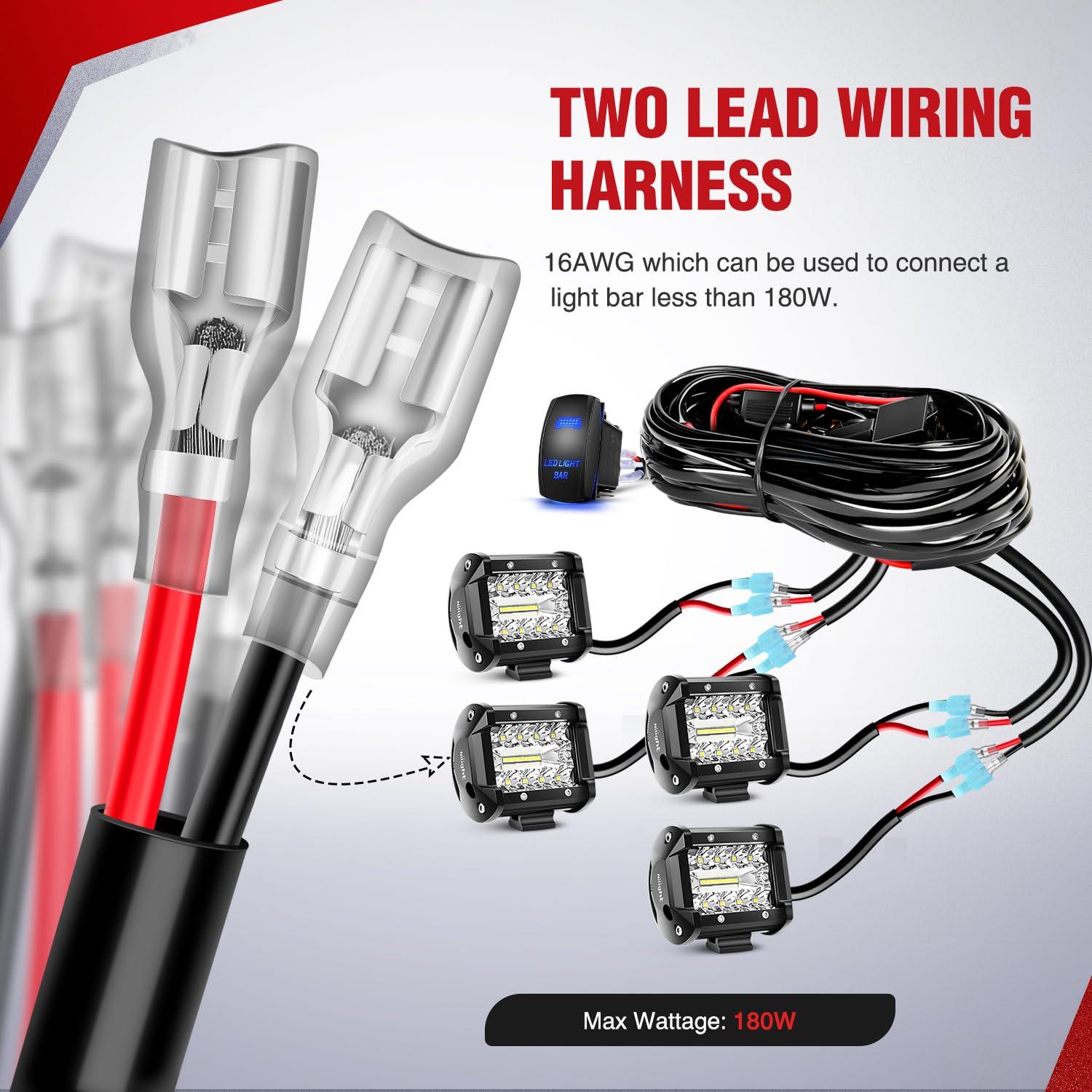 imageNilight 16AWG LED POD Lights Wiring Harness Kit LED Light Bar 12V 5Pin Rocker Switch Laser On Off Waterproof Toggle Switch Power Relay Blade Fuse2 Leads 2 Years Warranty BlackLED Pod Lights Wiring4 Leads