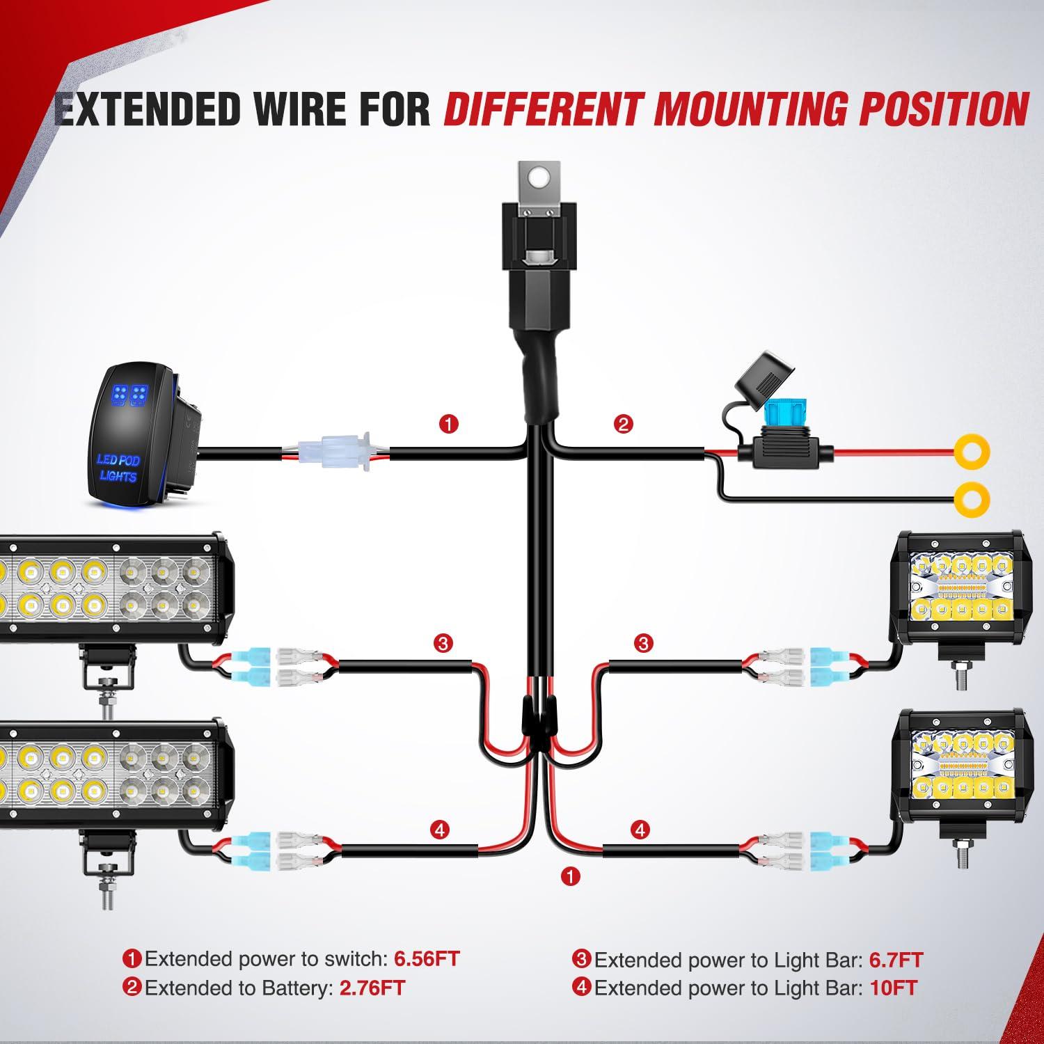 imageNilight 16AWG LED POD Lights Wiring Harness Kit LED Light Bar 12V 5Pin Rocker Switch Laser On Off Waterproof Toggle Switch Power Relay Blade Fuse2 Leads 2 Years Warranty BlackLED Pod Lights Wiring4 Leads