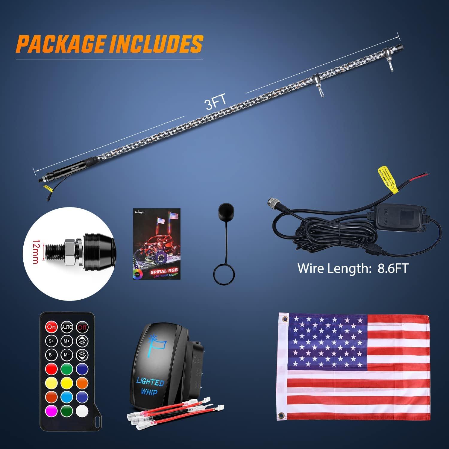 imageNilight 1PC 3FT Spiral RGB Led Whip Light wRGB ChasingDancing Lights RF Remote Control Lighted Antenna Whips for Canam ATV UTV RZR Polaris Dune Buggy 4 Wheeler Offroad Jeep TruckRGB