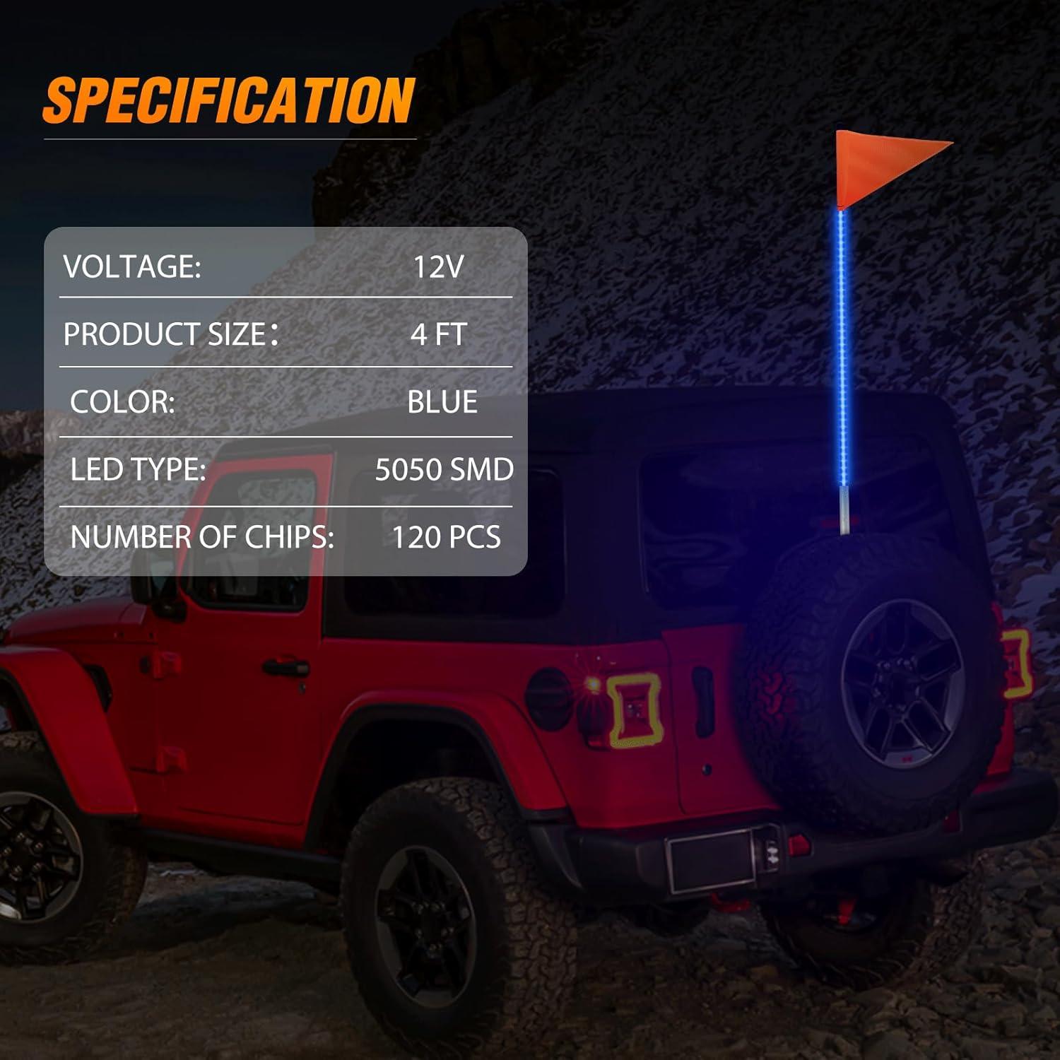 imageNilight 1PCS 4FT LED Whip Light with Aluminum Base Red Color Safety Warning Pole Lighted Antenna Whips for RZR Polaris Dune Buggy OffRoad Truck UTV ATV1PC Blue