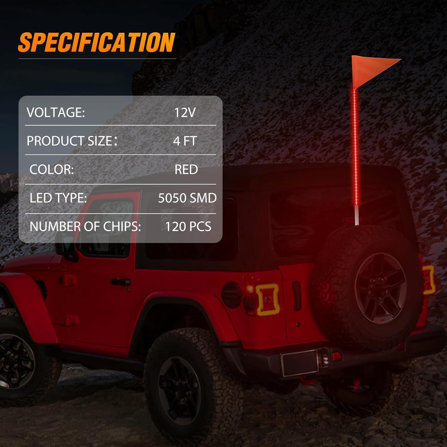 imageNilight 1PCS 4FT LED Whip Light with Aluminum Base Red Color Safety Warning Pole Lighted Antenna Whips for RZR Polaris Dune Buggy OffRoad Truck UTV ATV1PC Red